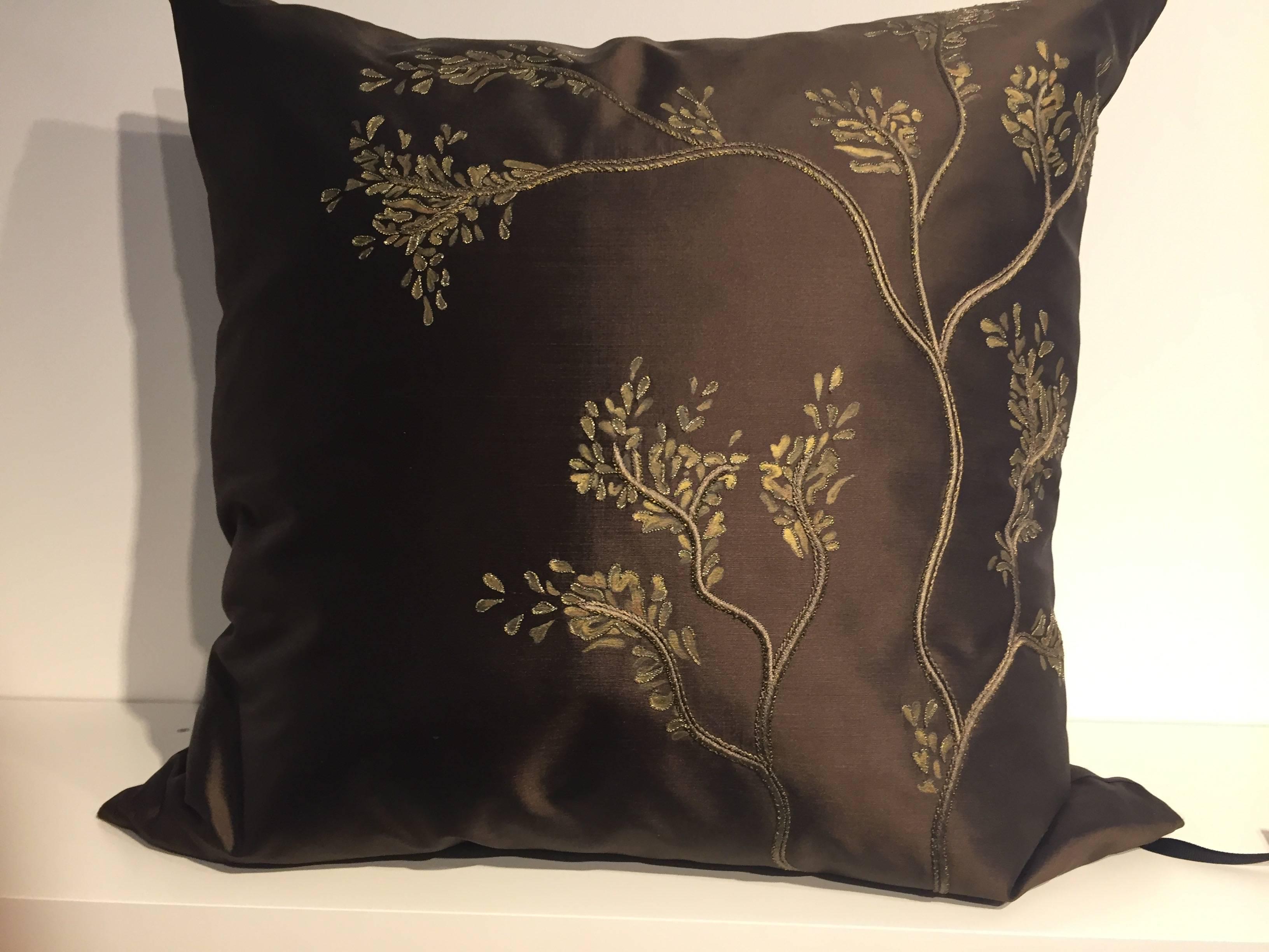 Chinoiserie Decorative Silk Cushions with Hand Embroidery and Hand-Painting Color Chocolate For Sale