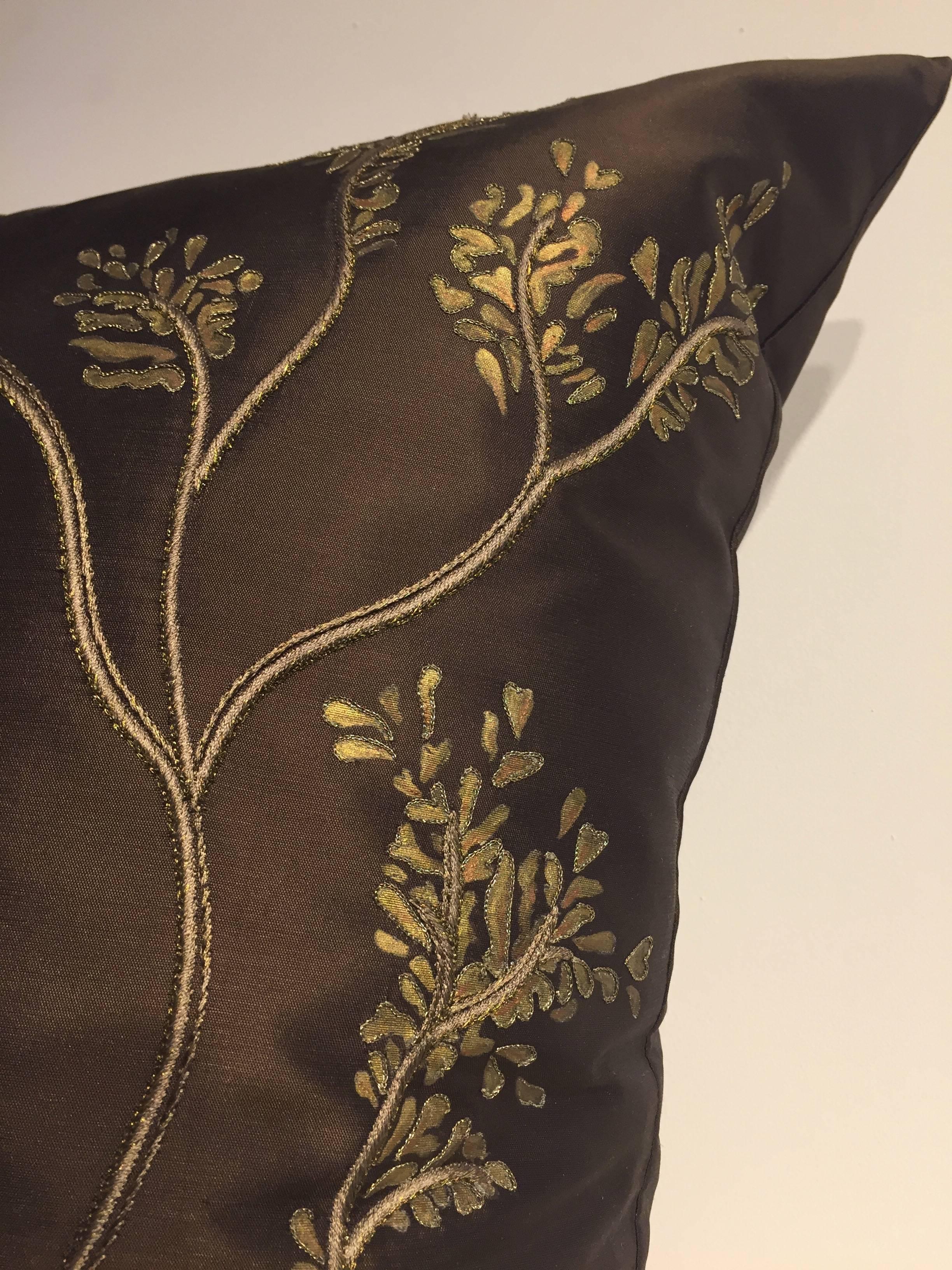 English Decorative Silk Cushions with Hand Embroidery and Hand-Painting Color Chocolate For Sale