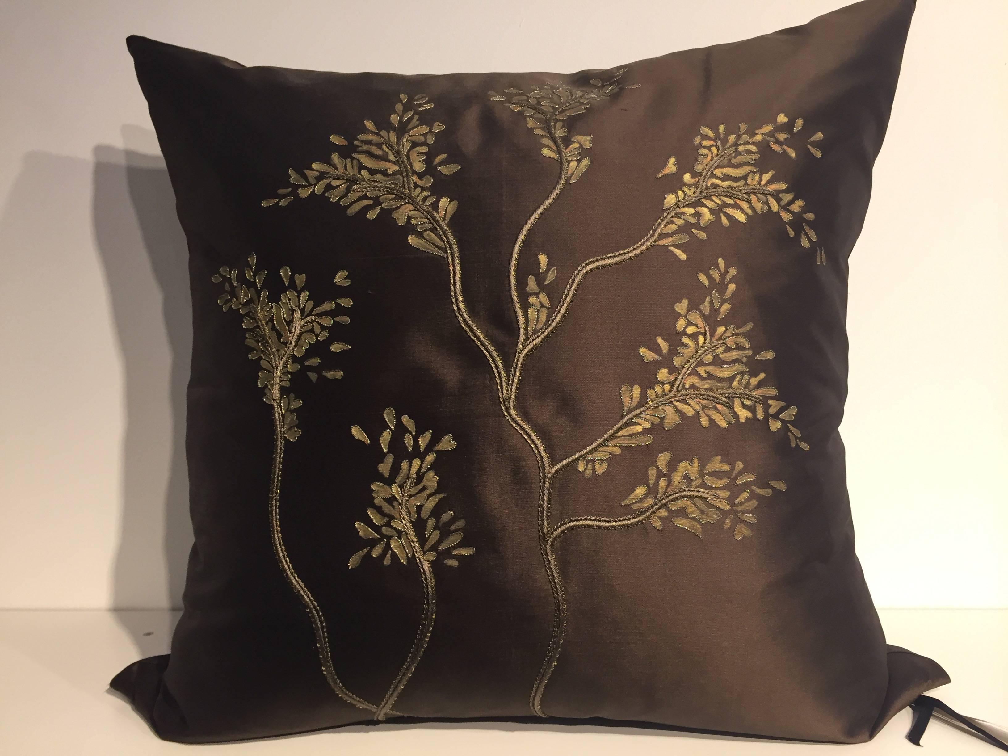 Embroidered Decorative Silk Cushions with Hand Embroidery and Hand-Painting Color Chocolate For Sale