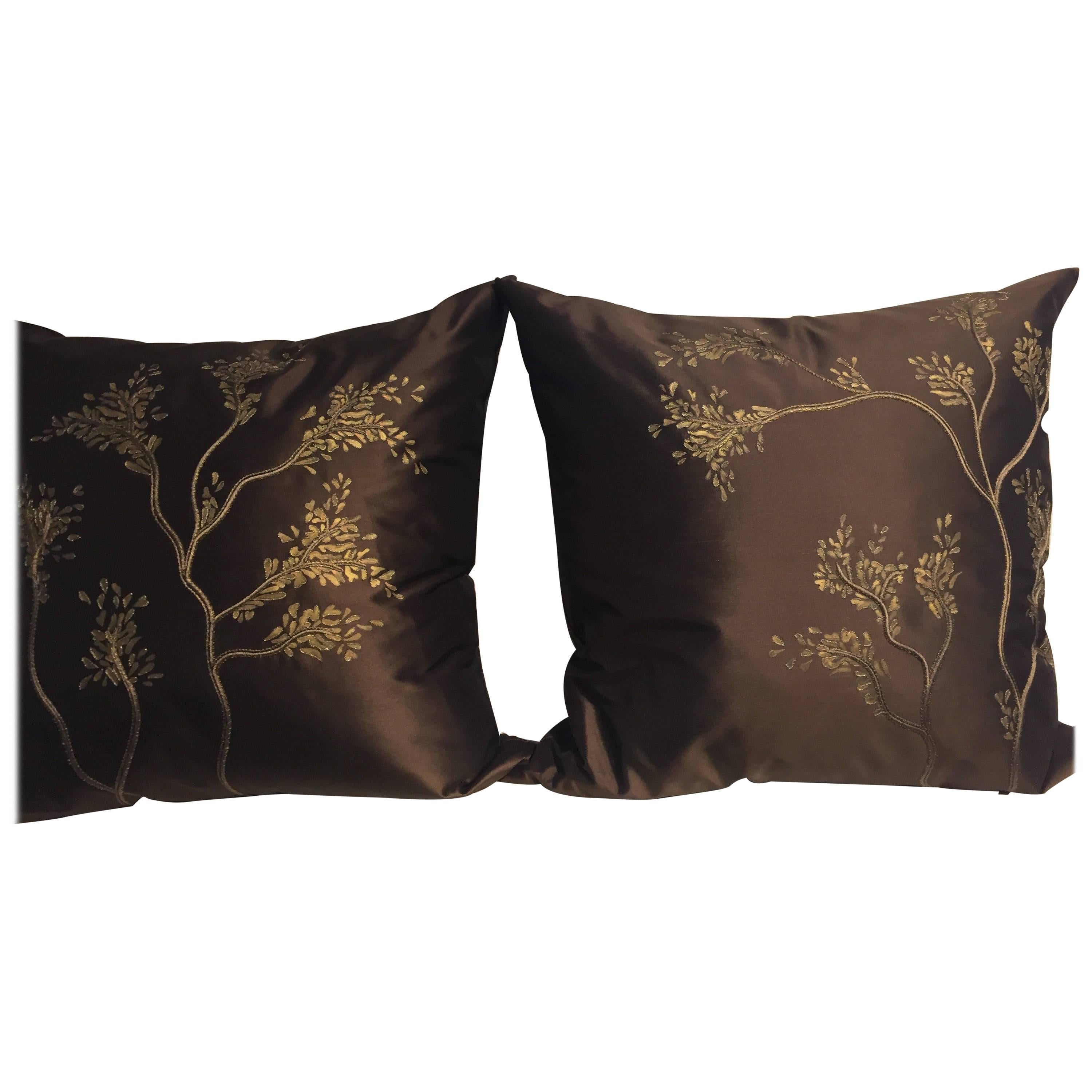 Decorative Silk Cushions with Hand Embroidery and Hand-Painting Color Chocolate For Sale