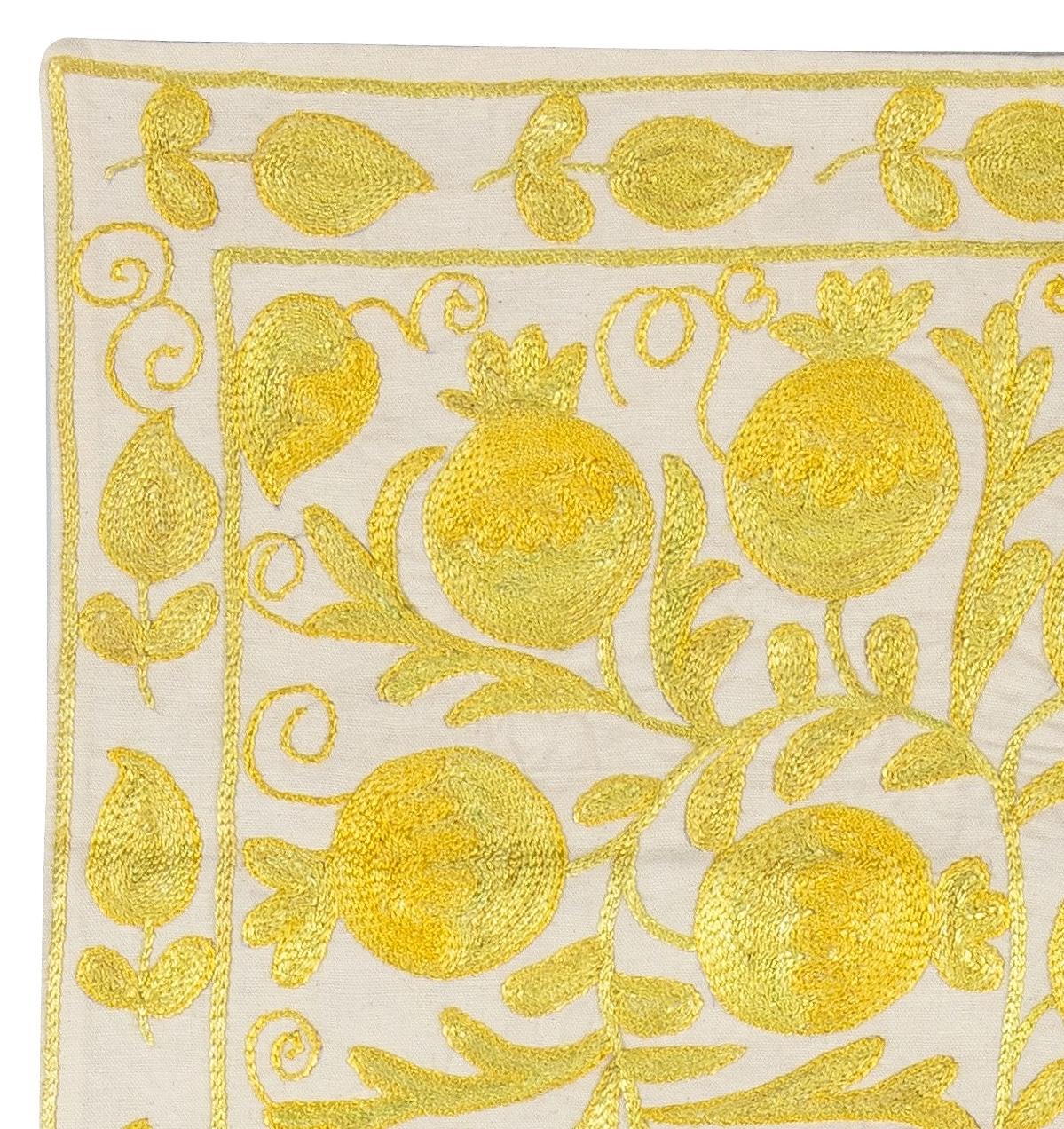 Embroidered 17x17 inches Decorative Silk Hand Embroidery Suzani Cushion Cover Ivory & Yellow For Sale