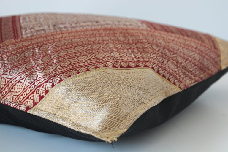 Decorative Silk Throw Pillow Made from Vintage Sari Borders, India at