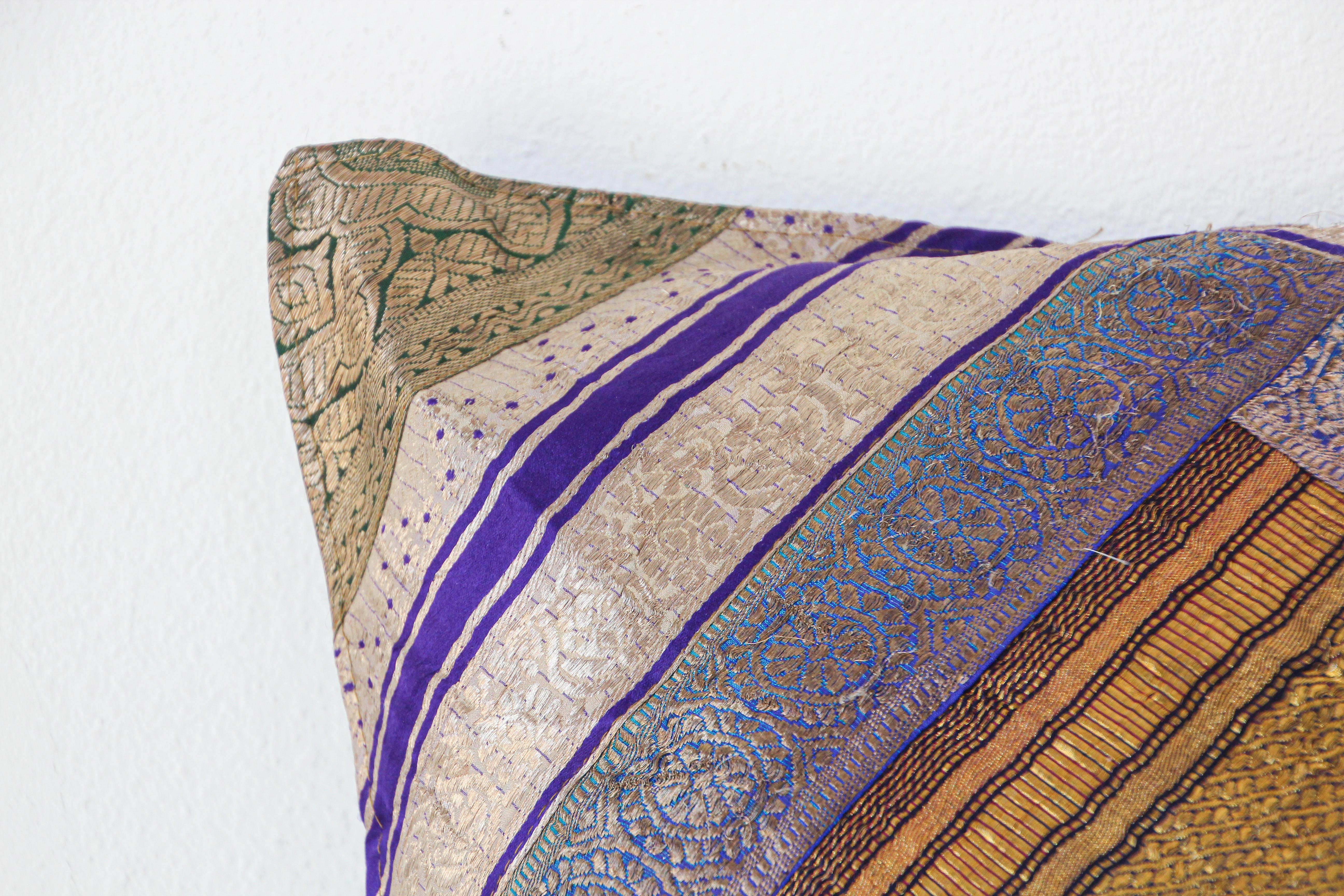 Moorish Decorative Silk Throw Pillow Made from Vintage Sari Borders, India