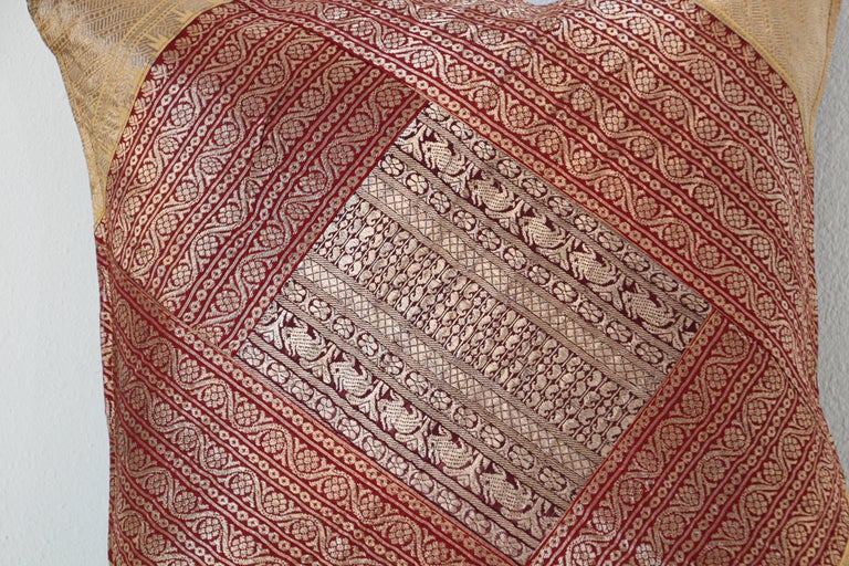Decorative Silk Throw Pillow Made from Vintage Sari Borders, India at