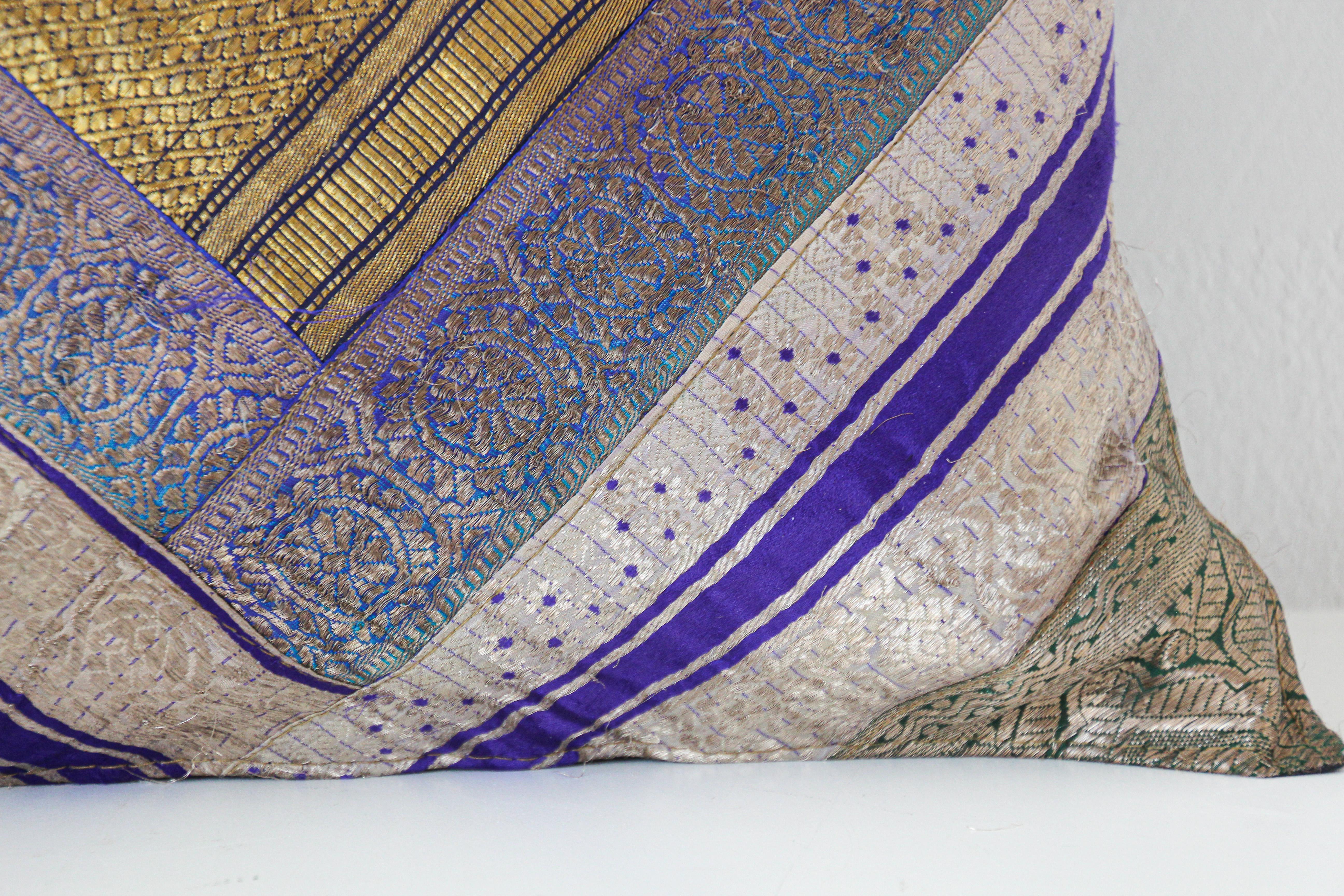 Beaded Decorative Silk Throw Pillow Made from Vintage Sari Borders, India