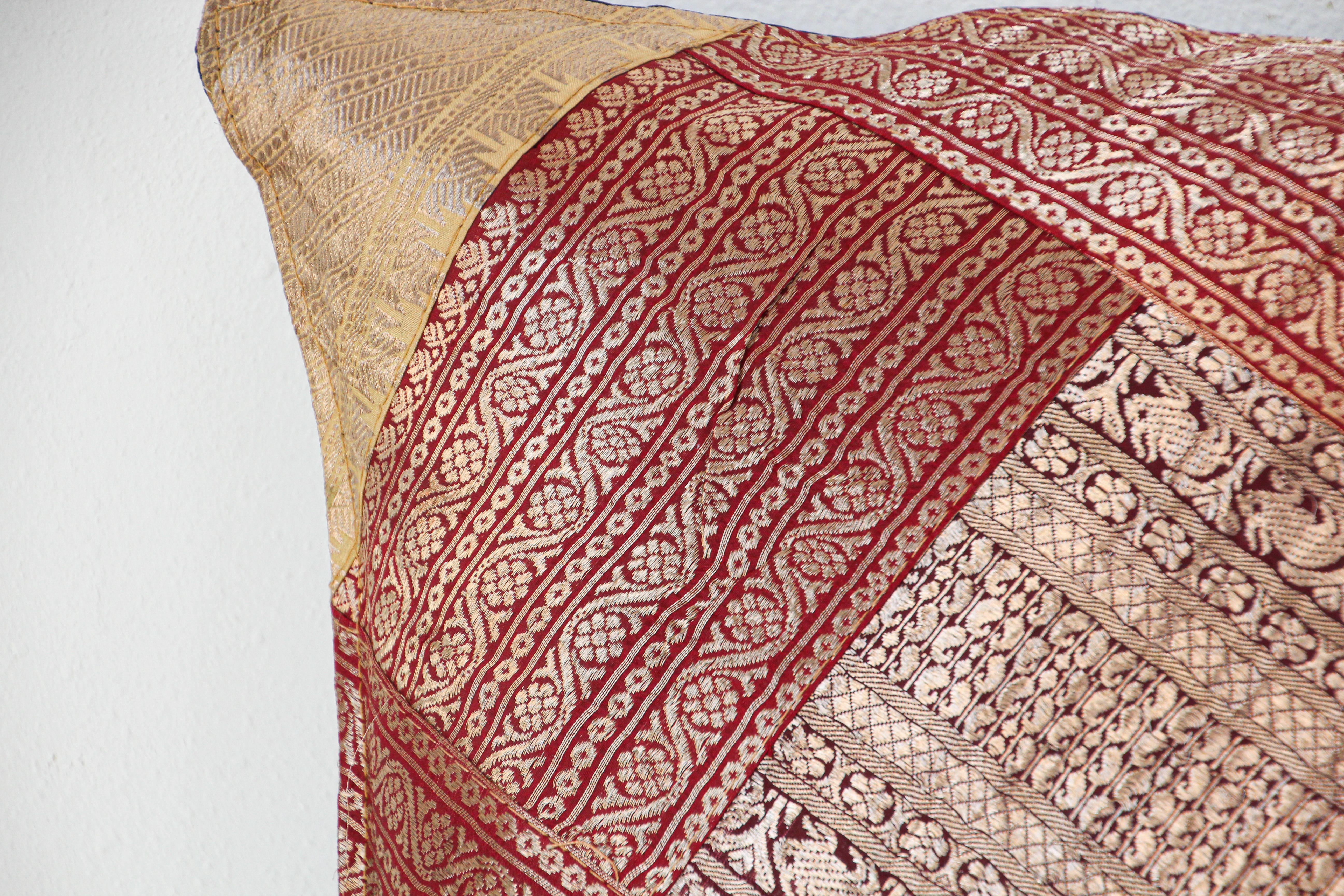 Moorish Decorative Silk Throw Pillow Made from Vintage Sari Borders, India