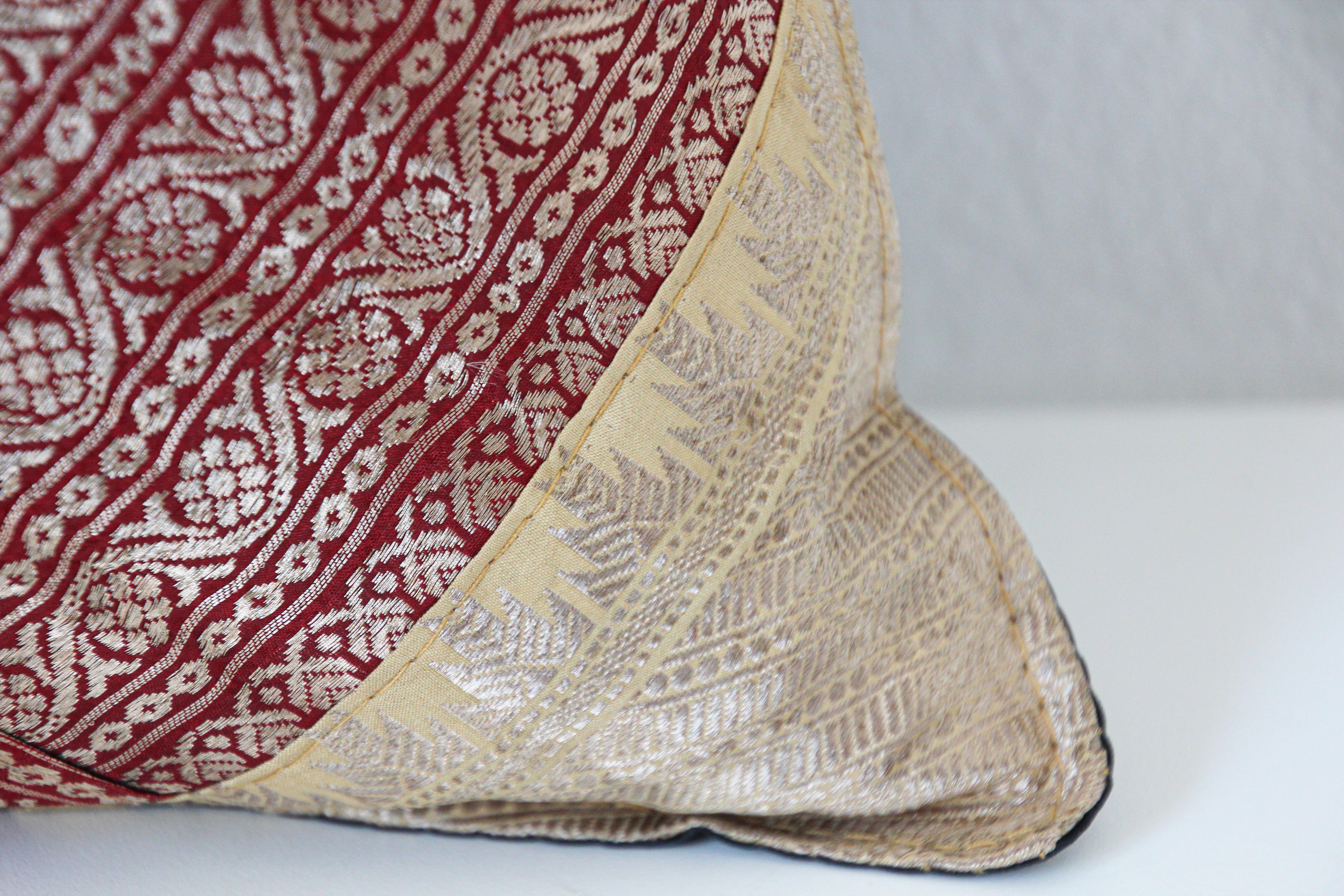 Indian Decorative Silk Throw Pillow Made from Vintage Sari Borders, India