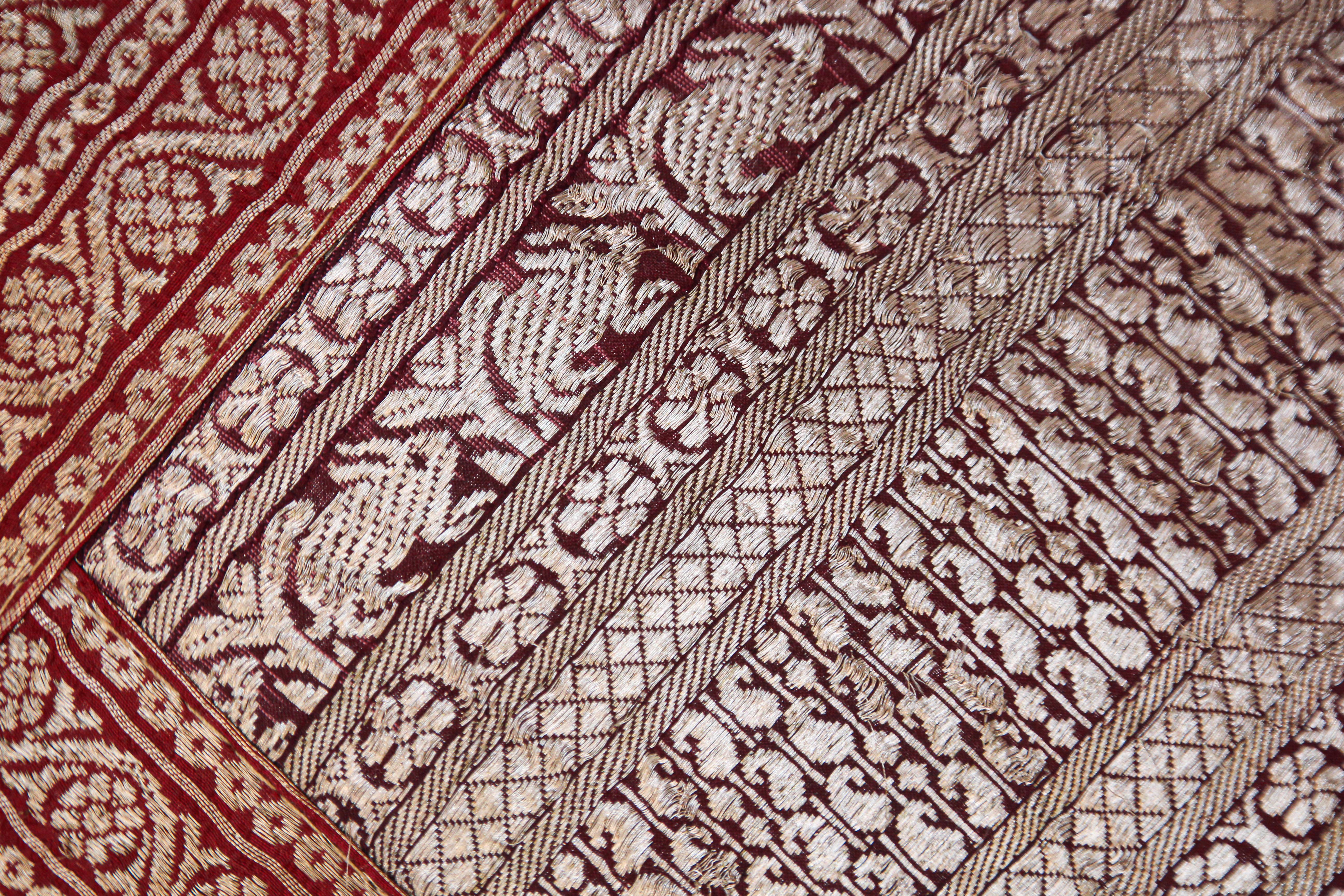 Beaded Decorative Silk Throw Pillow Made from Vintage Sari Borders, India