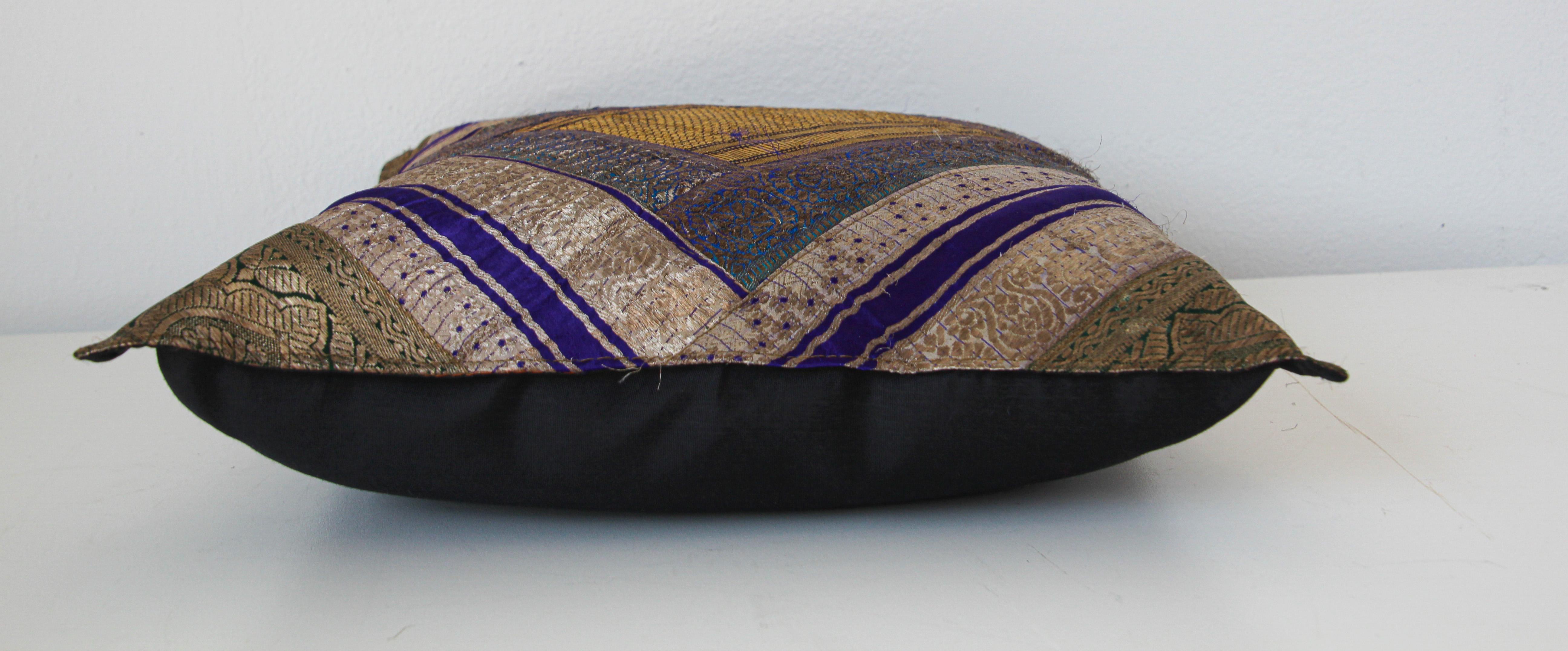 Fabric Decorative Silk Throw Pillow Made from Vintage Sari Borders, India