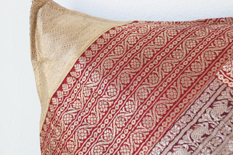 Decorative Silk Throw Pillow Made from Vintage Sari Borders, India at