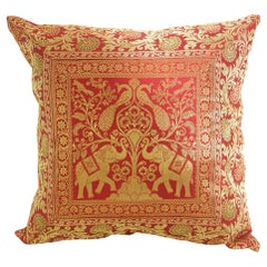Decorative Silk Throw Pillow with Elephants and Peacocks India