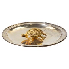 Decorative Silver-Plated Dish with Gilt Turtle Figure, 1950s