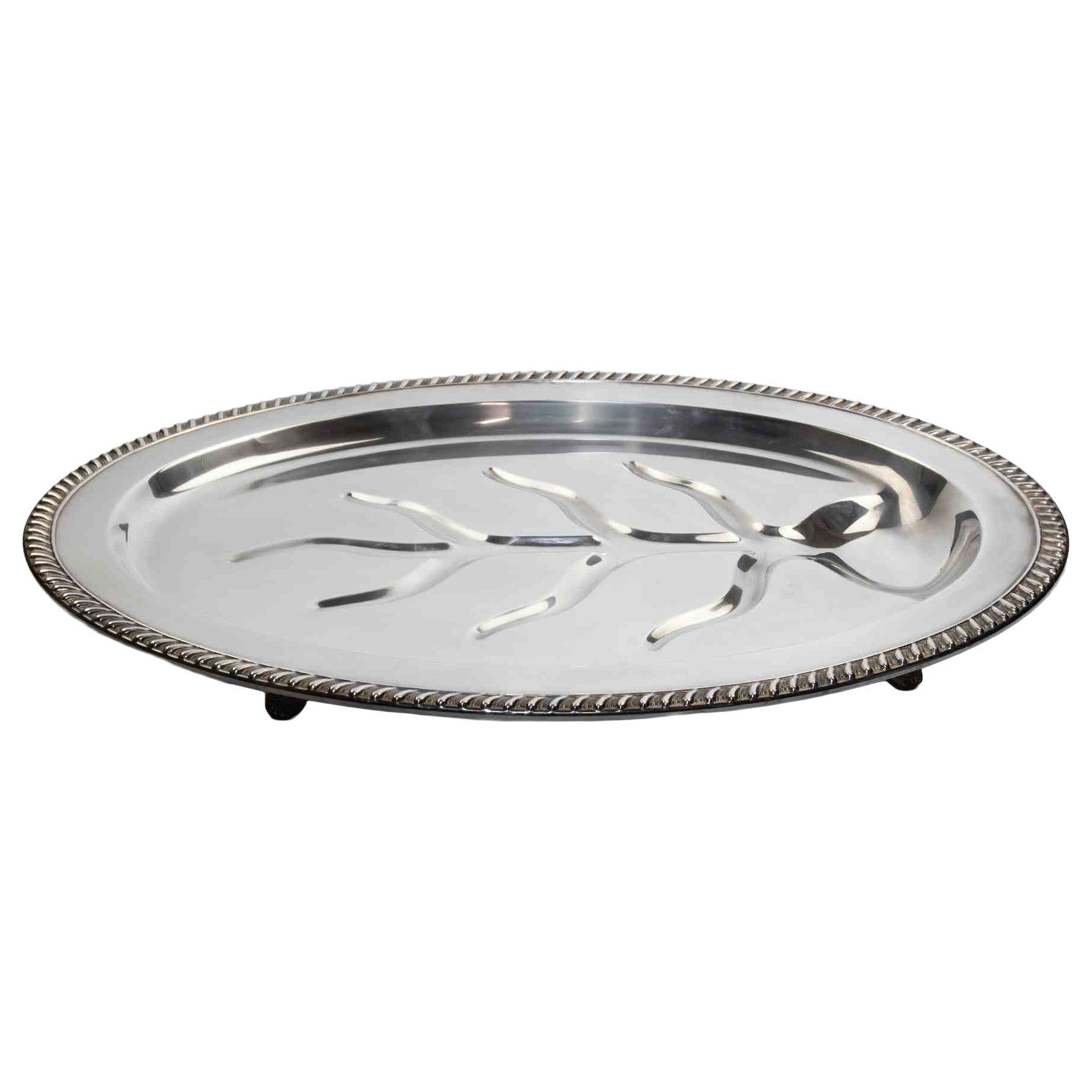 Decorative Silver-Plated Oval Serving Tray with Raised Botanical Motif, 1970s
