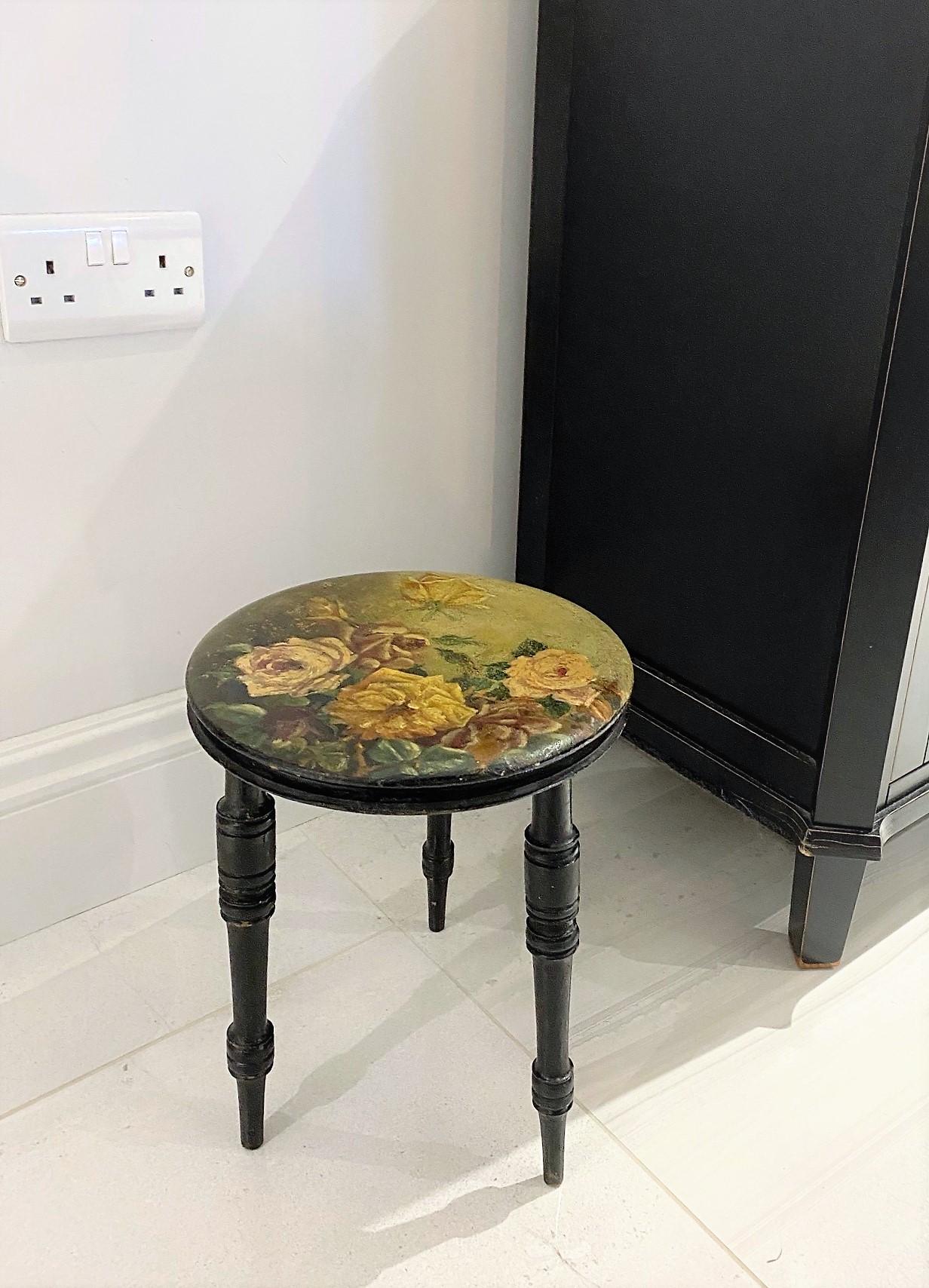 Aesthetic Movement Decorative Small Floral Painted Ebonised Victorian Stool For Sale