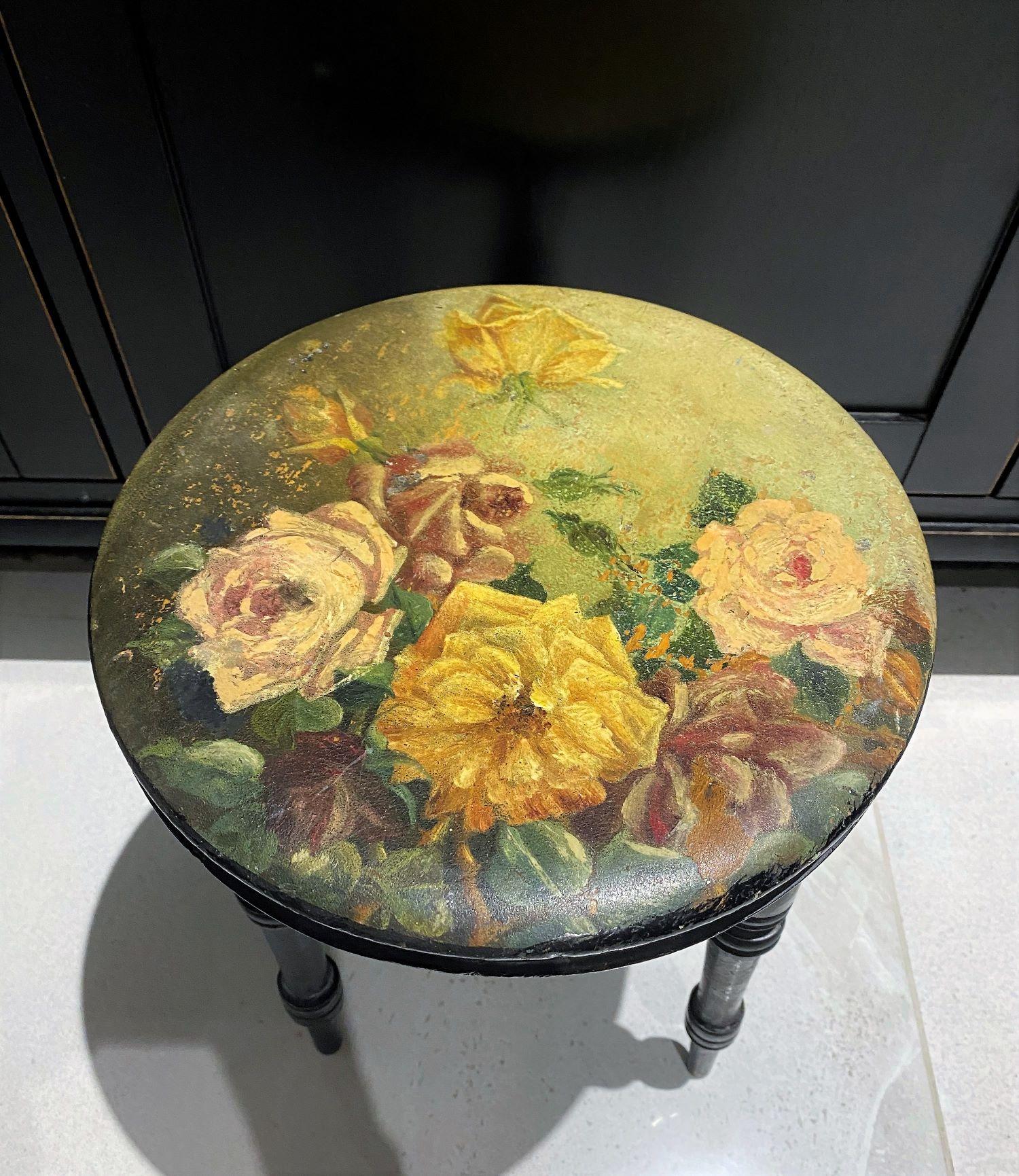 19th Century Decorative Small Floral Painted Ebonised Victorian Stool For Sale