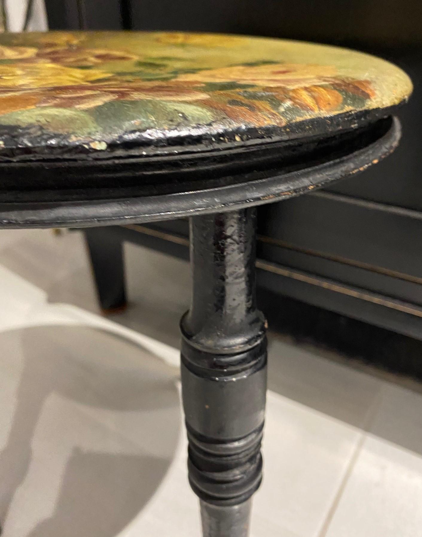 Decorative Small Floral Painted Ebonised Victorian Stool For Sale 1