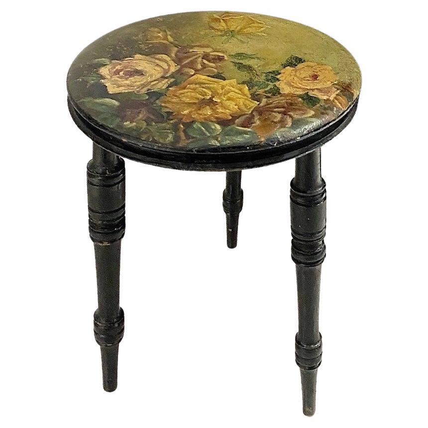 Decorative Small Floral Painted Ebonised Victorian Stool For Sale