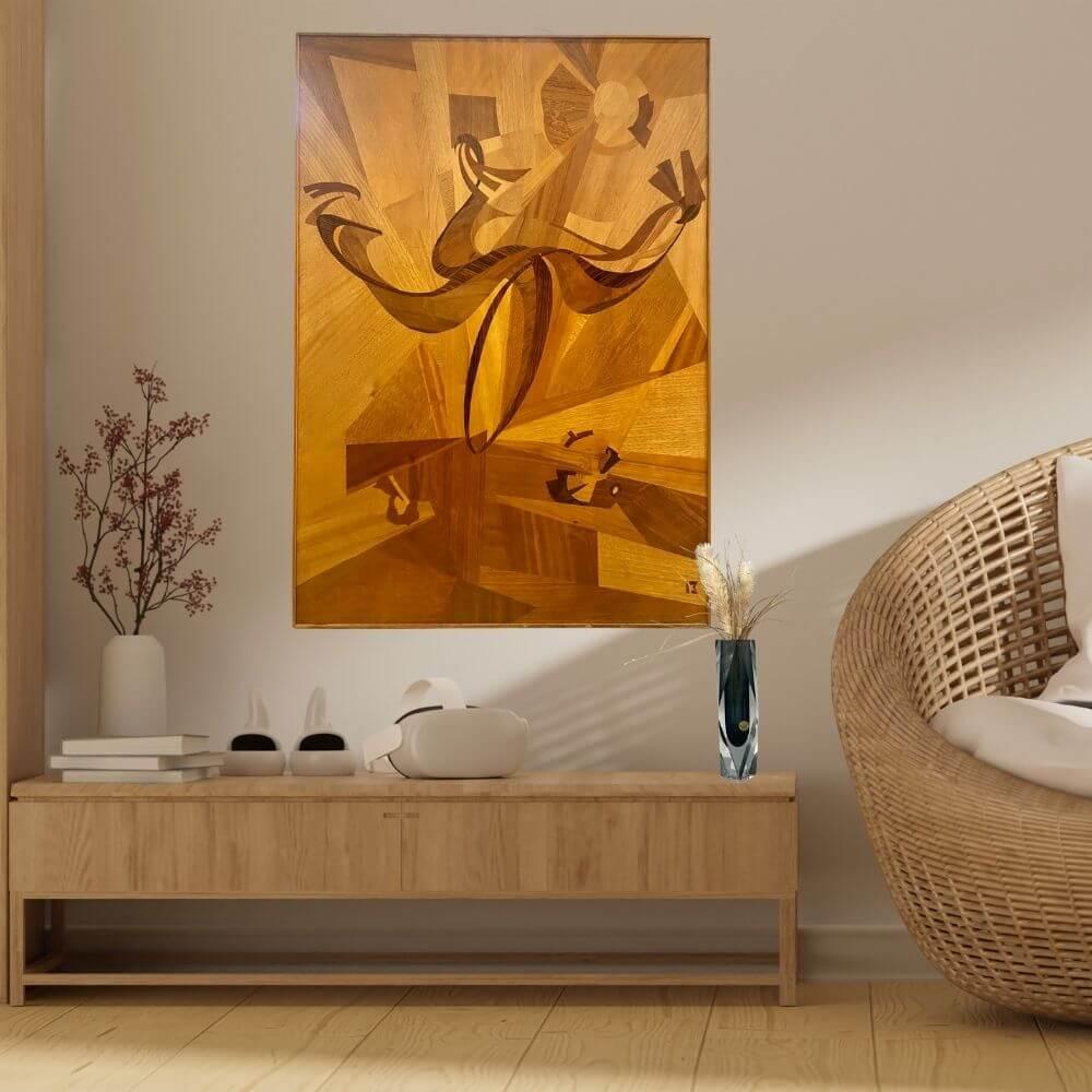 Decorative socialist realism large marquetry wallboard. The picture is made of extra quality, with at least 7 types of wood. Marked intarsia artistic masterpiece picture, very beautiful, in original condition by Szilárd Kiss. Due to its age, the