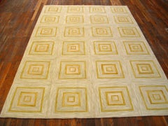 Decorative Soft Yellow Square Pattern Contemporary Handmade Cotton Hooked Rug