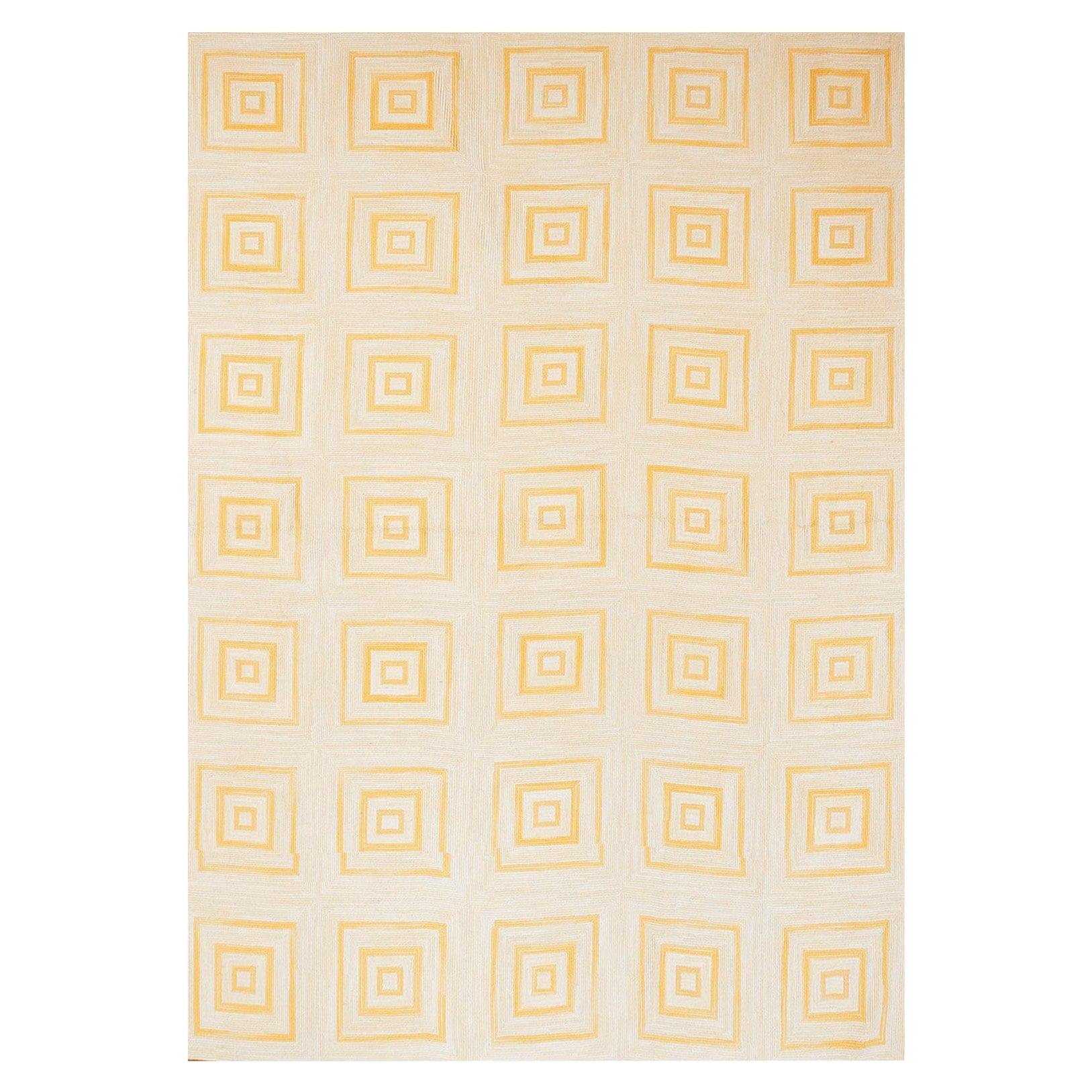 Decorative Soft Yellow Square Pattern Contemporary Handmade Cotton Hooked Rug For Sale