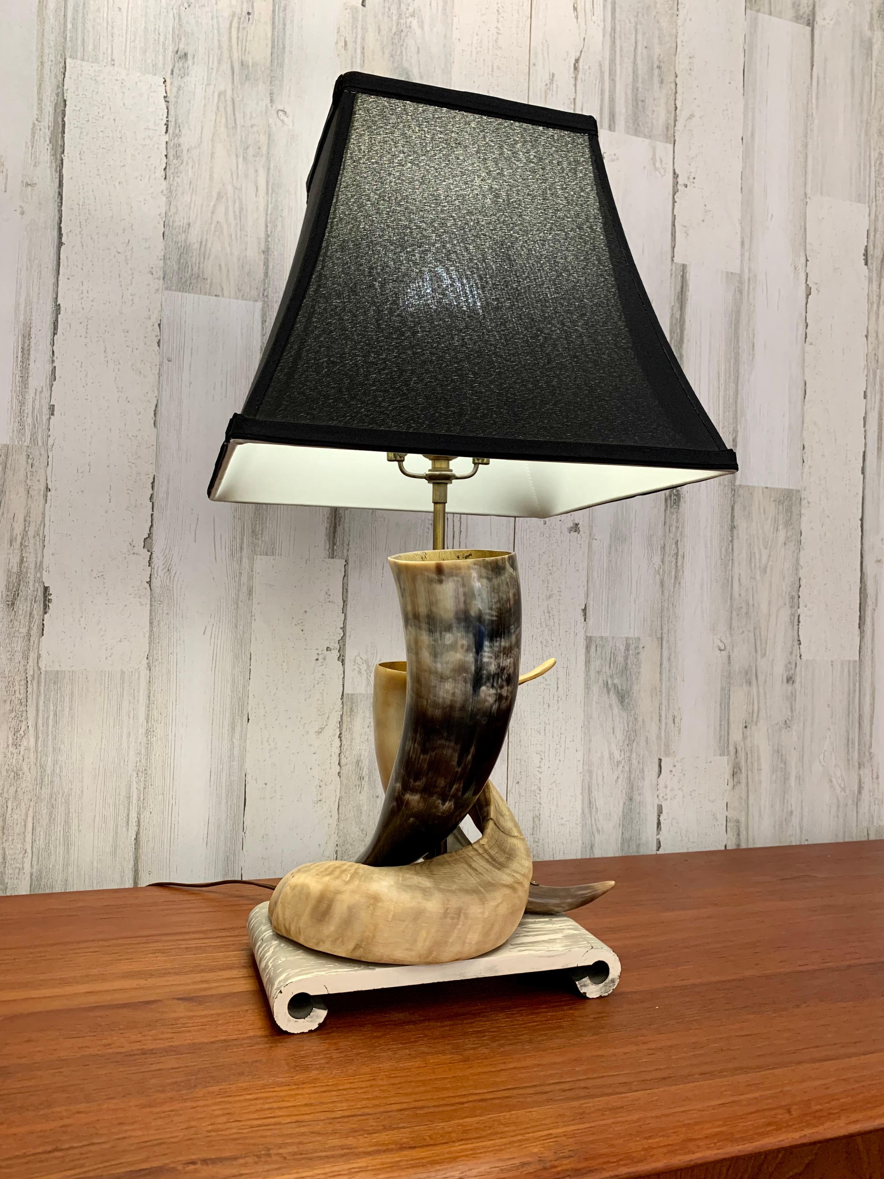 American Decorative Steer Horn Table Lamp with Faux Marble Base For Sale