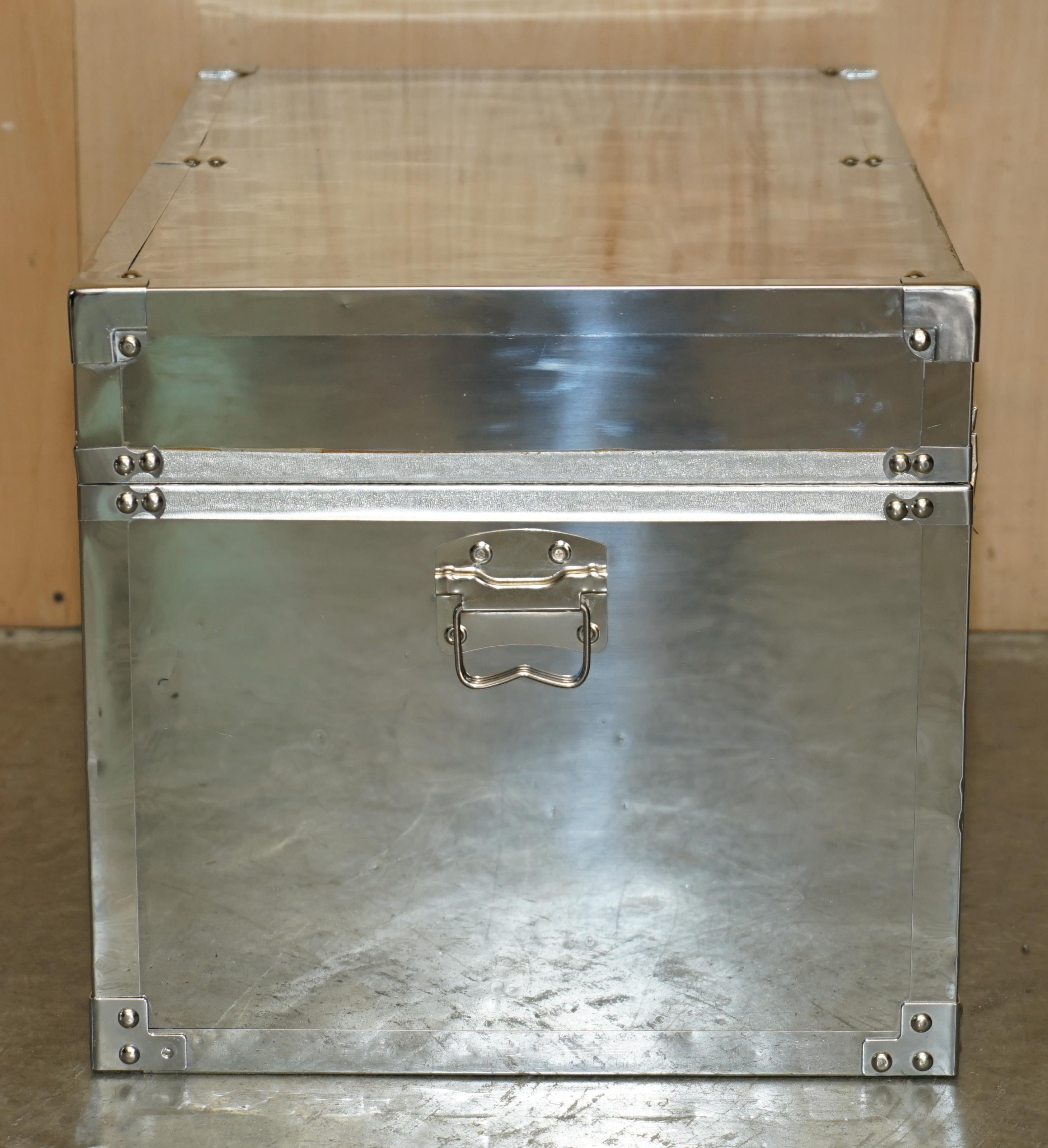 DECORATIVE SUiTE OF THREE PROGRESSIVE SIZED CHROME & STEEL STORAGE TRUNK CHESTs For Sale 4