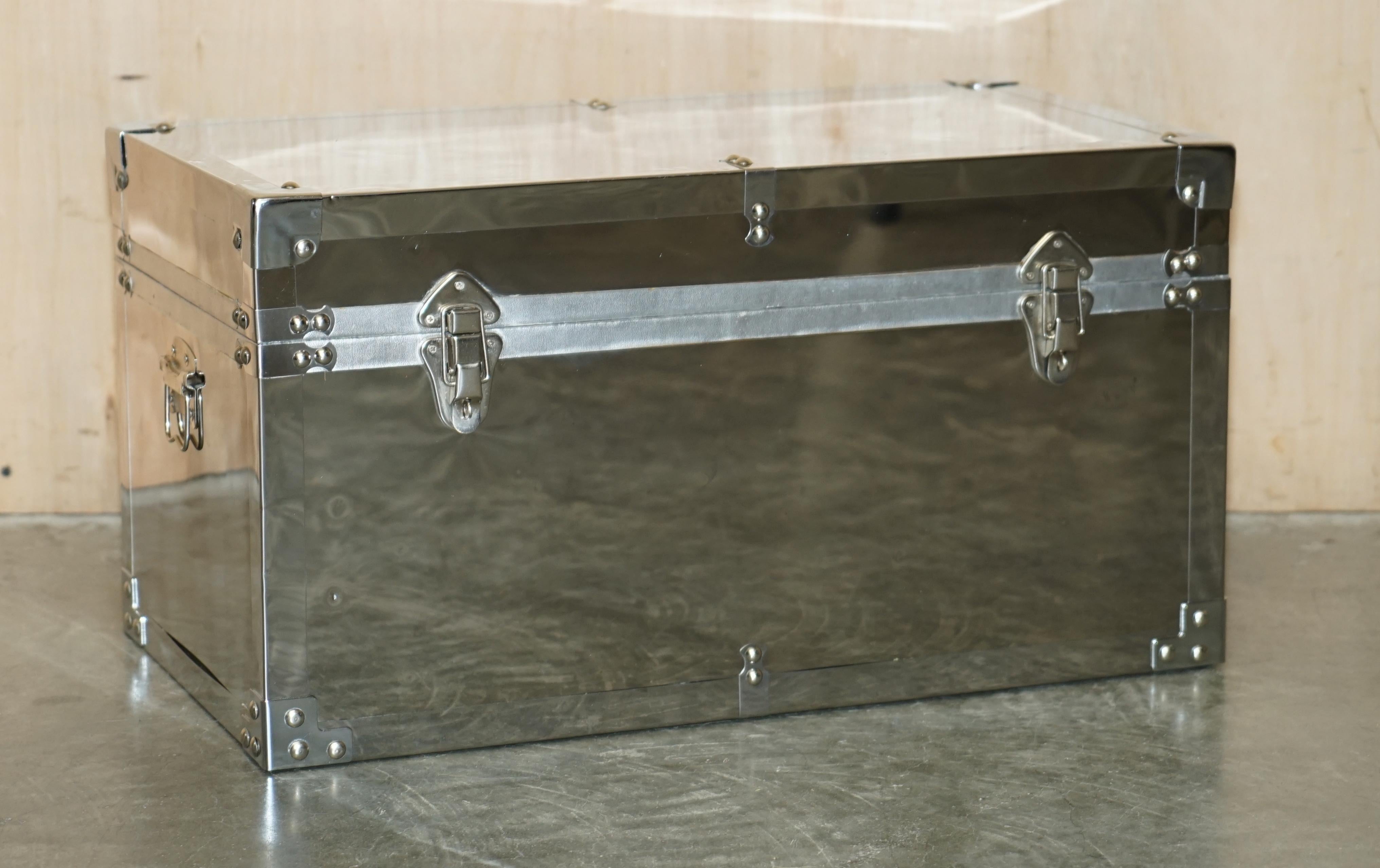 DECORATIVE SUiTE OF THREE PROGRESSIVE SIZED CHROME & STEEL STORAGE TRUNK CHESTs For Sale 9