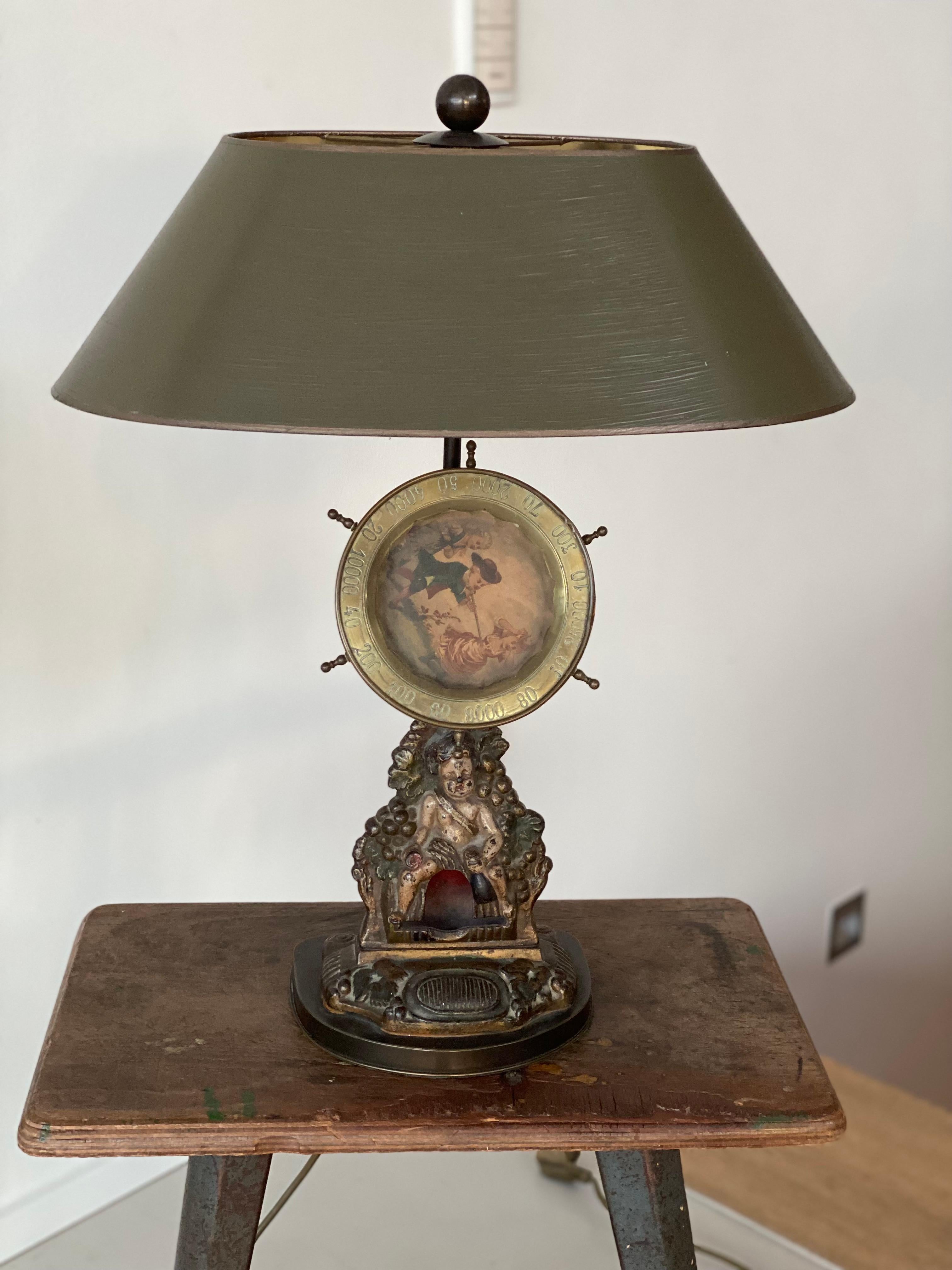 Decorative Table Lamp with Cast-Iron Match Dispenser and Hand-Painted Lampshade In Good Condition In Hamburg, DE