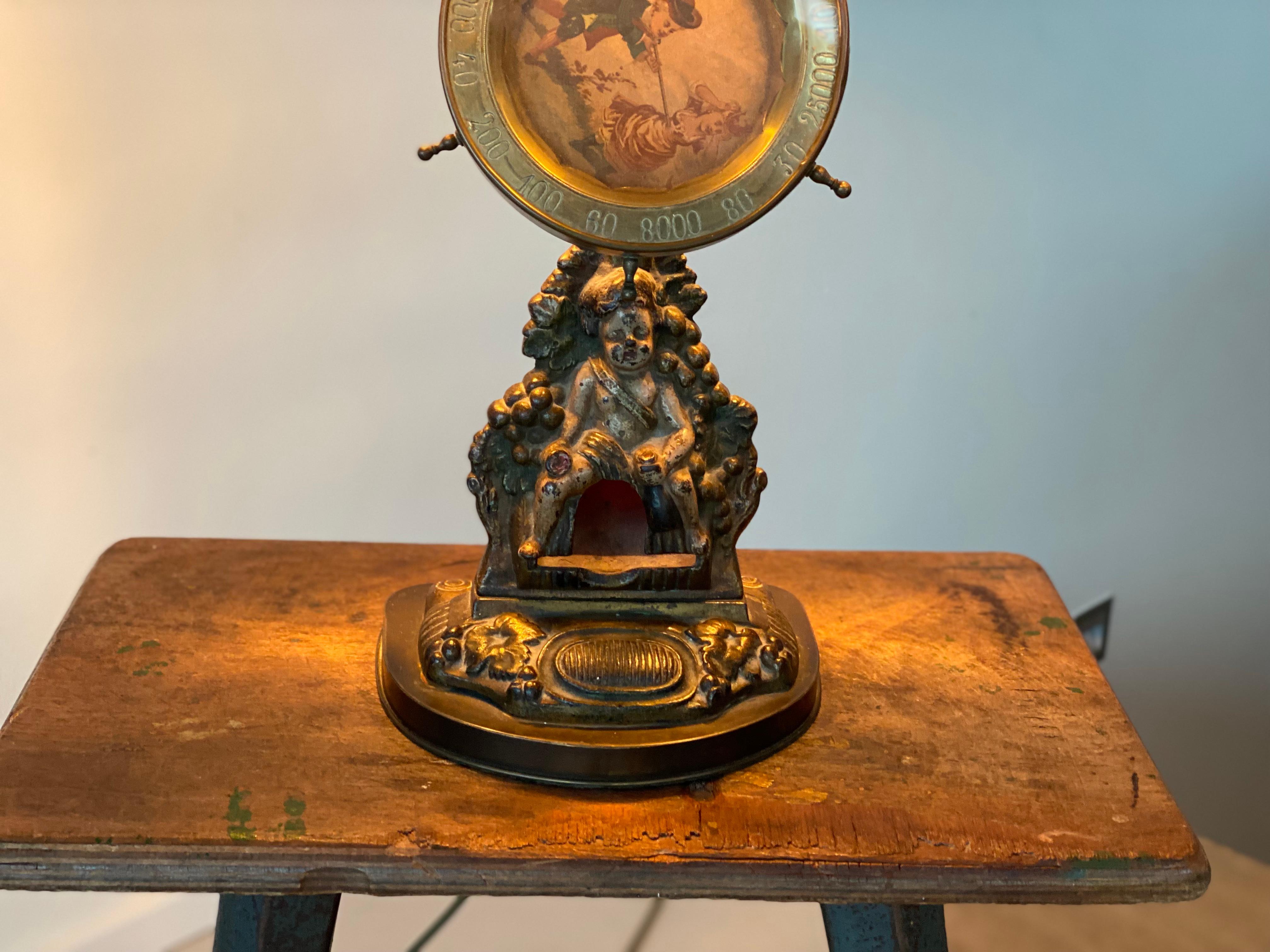 19th Century Decorative Table Lamp with Cast-Iron Match Dispenser and Hand-Painted Lampshade