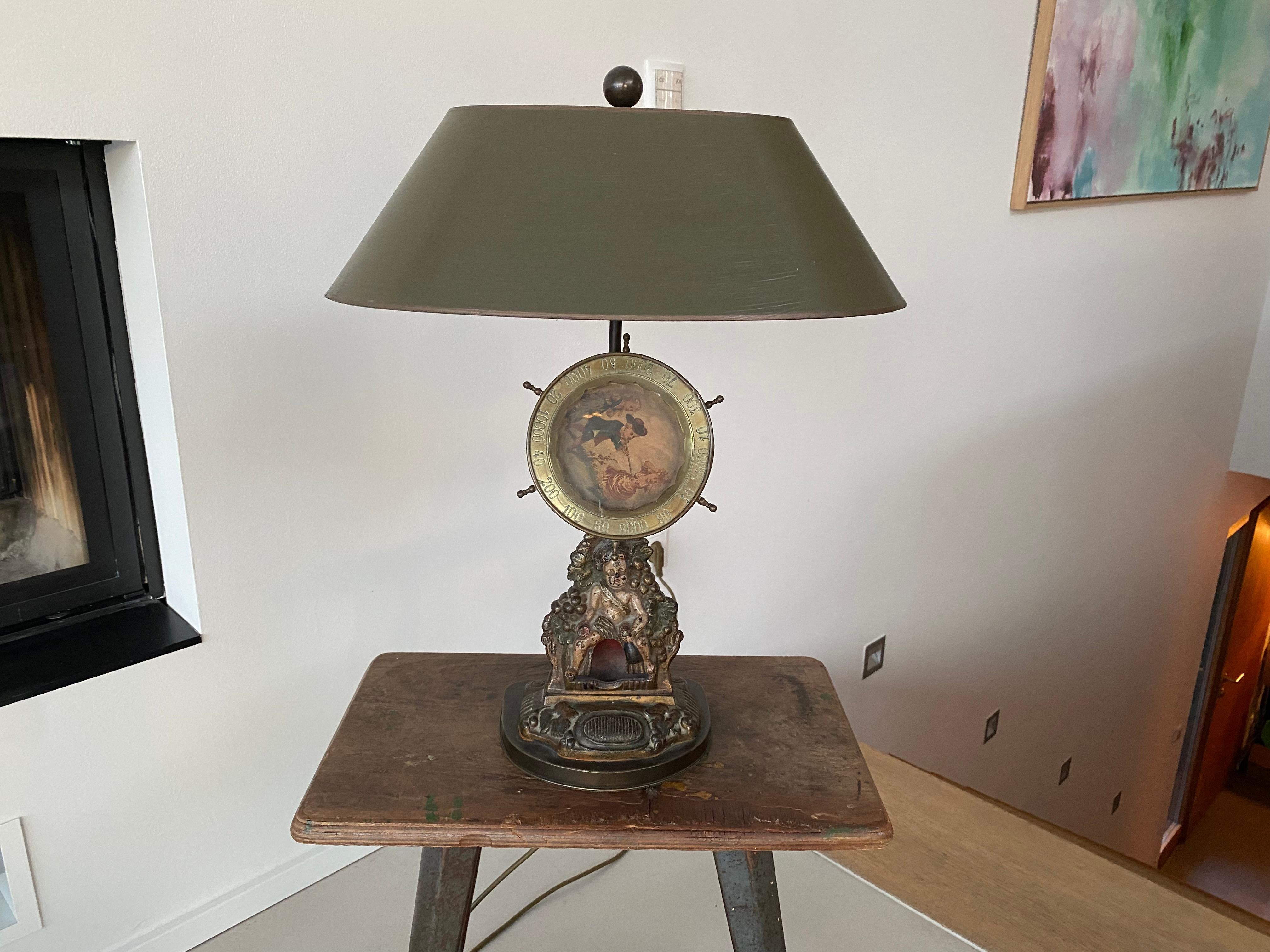 Metal Decorative Table Lamp with Cast-Iron Match Dispenser and Hand-Painted Lampshade