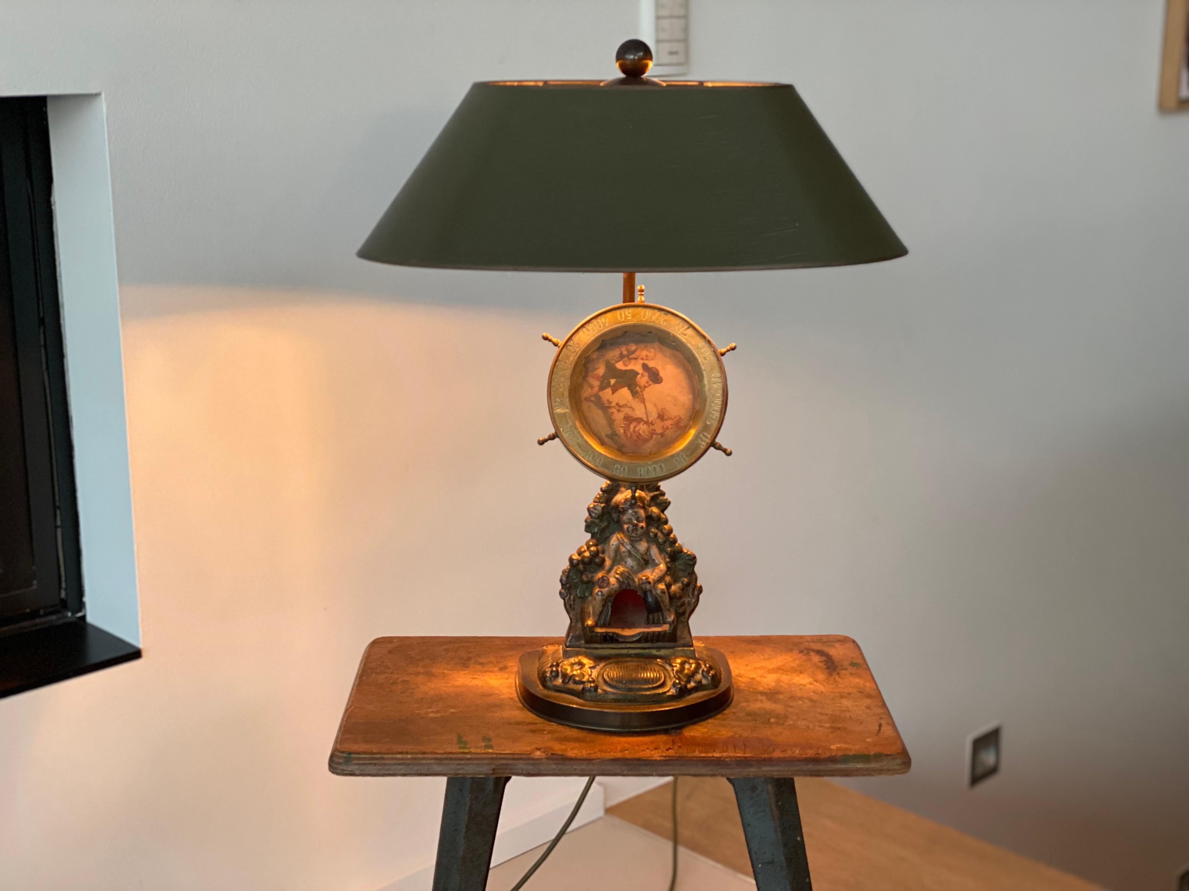 Decorative Table Lamp with Cast-Iron Match Dispenser and Hand-Painted Lampshade 2