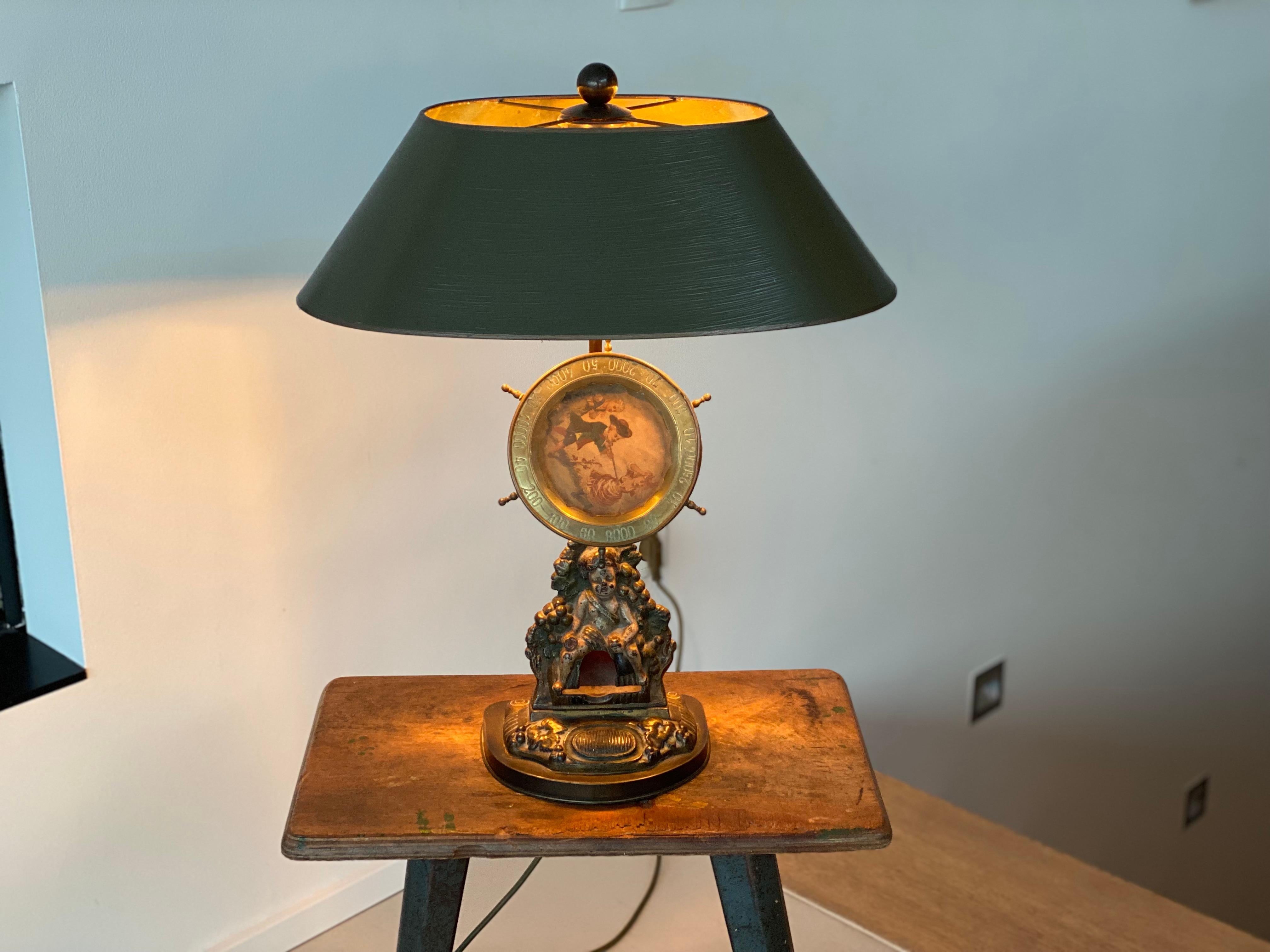 Decorative Table Lamp with Cast-Iron Match Dispenser and Hand-Painted Lampshade 3