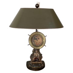 Decorative Table Lamp with Cast-Iron Match Dispenser and Hand-Painted Lampshade