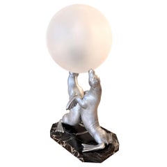 Decorative Table Lamp With Two Seals Balancing a Ball, Marble Base, French 1930s