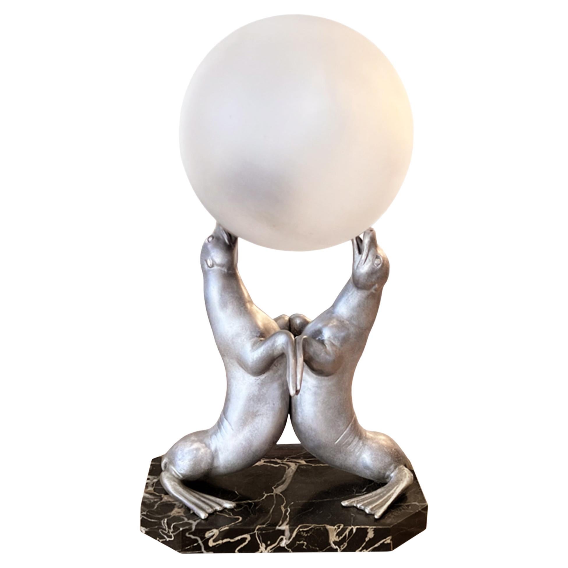 Decorative Table Lamp With Two Seals Balancing a Ball, Marble Base, French 1930s