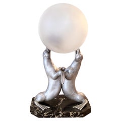 Decorative Table Lamp With Two Seals Balancing a Ball, Marble Base, French 1930s