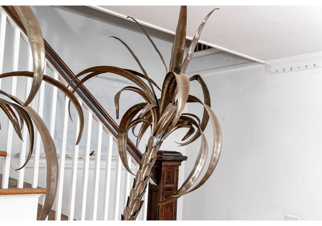 20th Century Decorative Tall Brass Potted Double Palm Tree For Sale