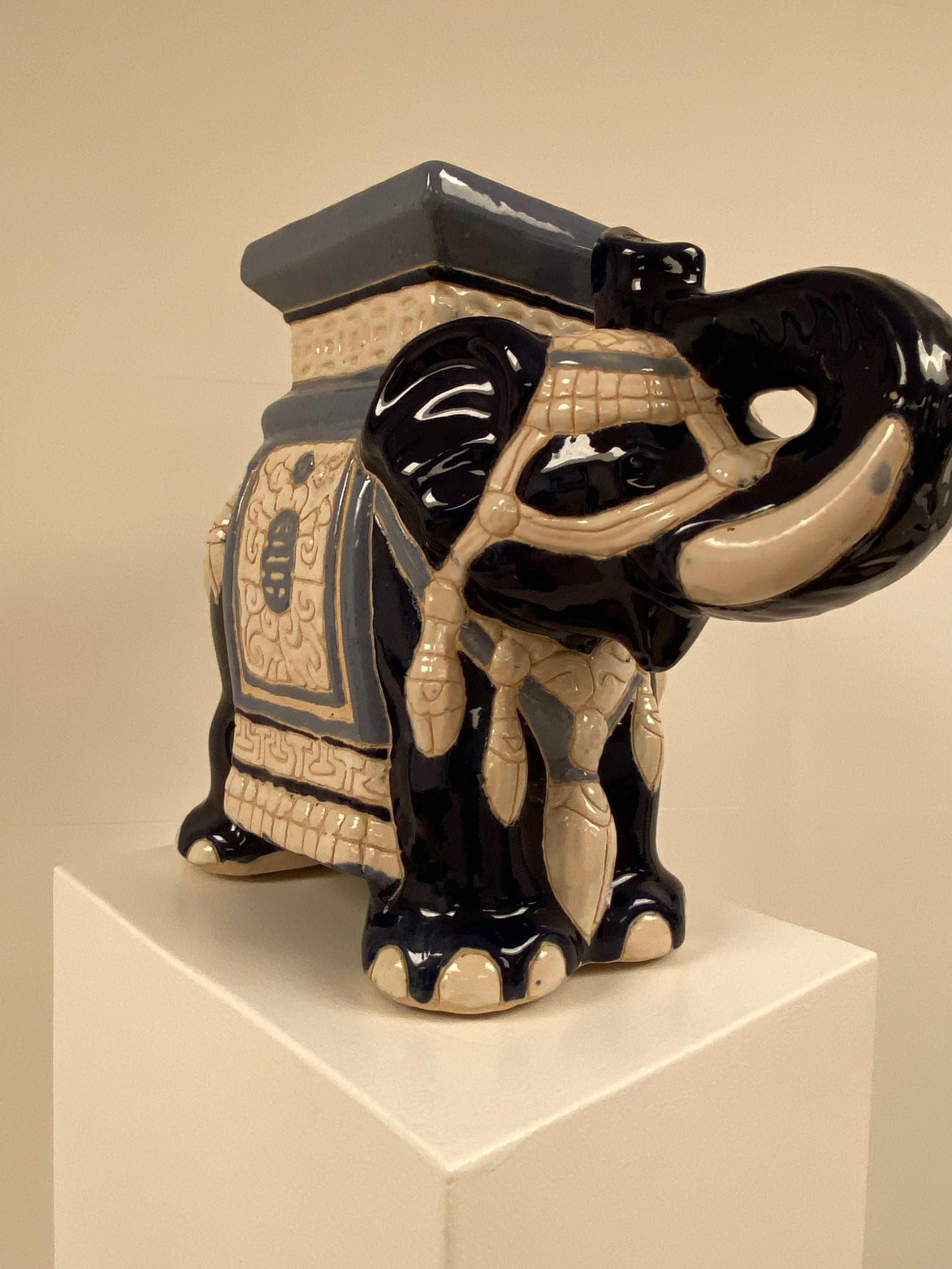Glazed Decorative Terracotta Elephant in Blue Colors For Sale