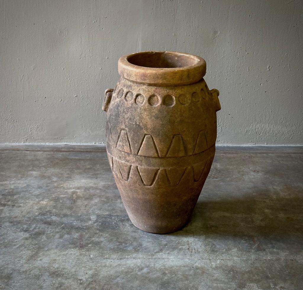 Decorative terracotta vessel from Jalisco, Mexico with graphic surface accenting and simple, almandine shape. Whimsical yet subdued with timeless rustic appeal. 


