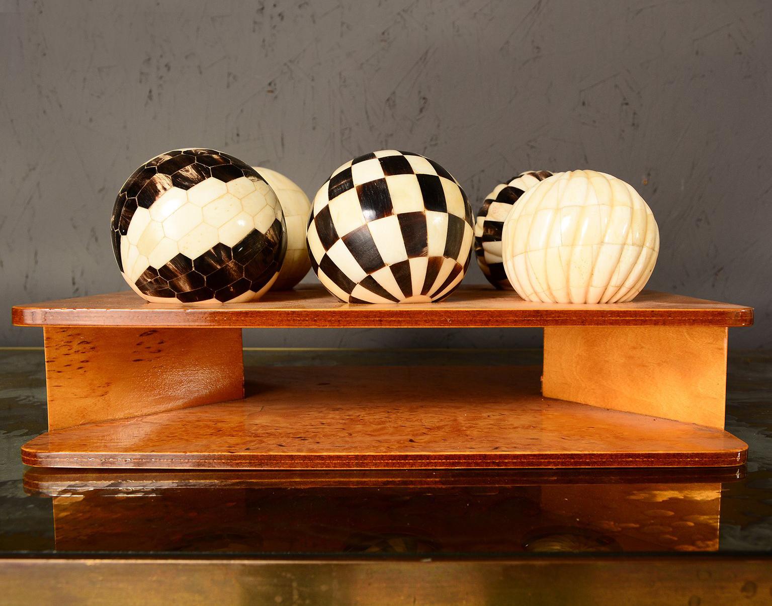 Decorative Tessellated Spheres Set, Bone and Horn with Burl Wood Tray 4