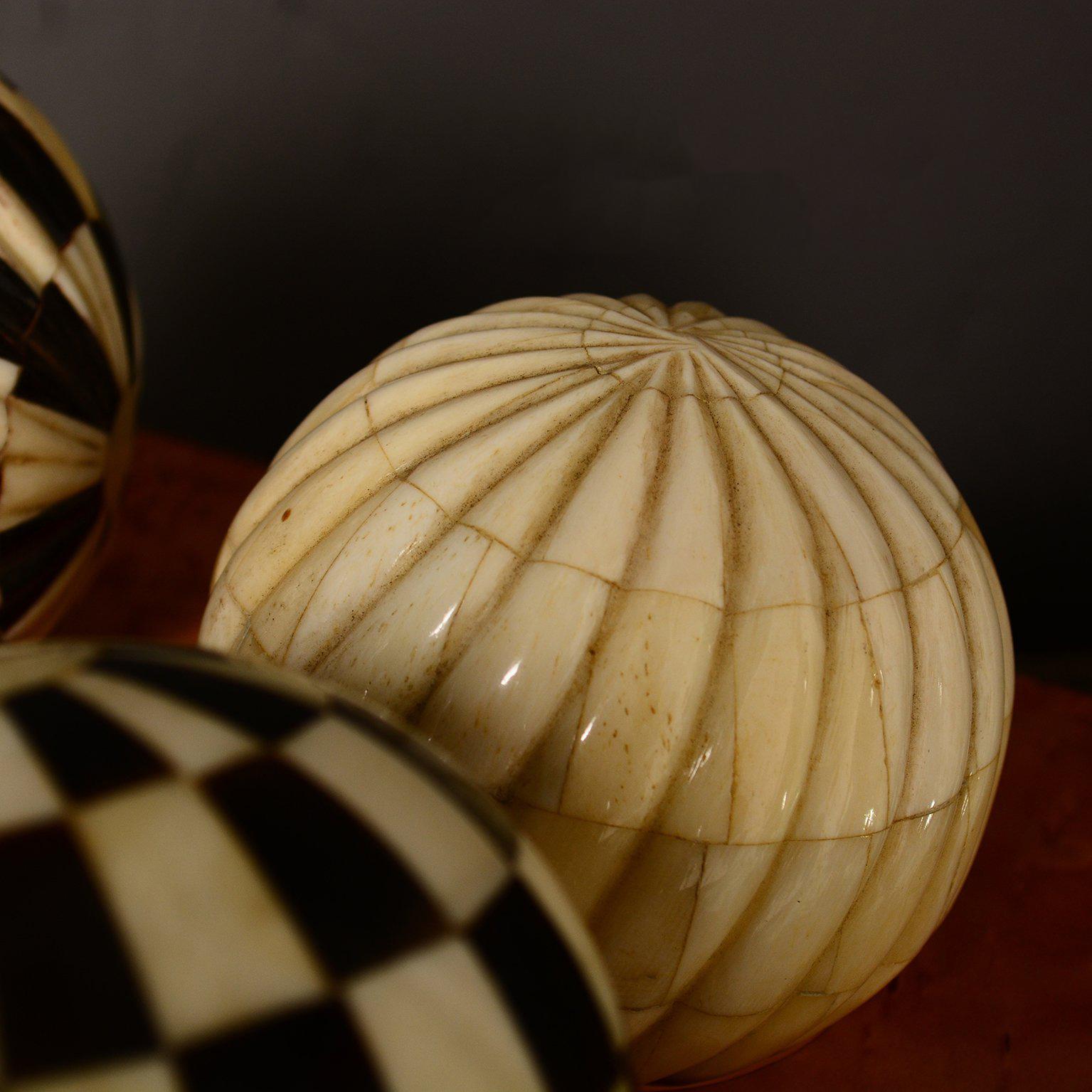 Unknown Decorative Tessellated Spheres Set, Bone and Horn with Burl Wood Tray