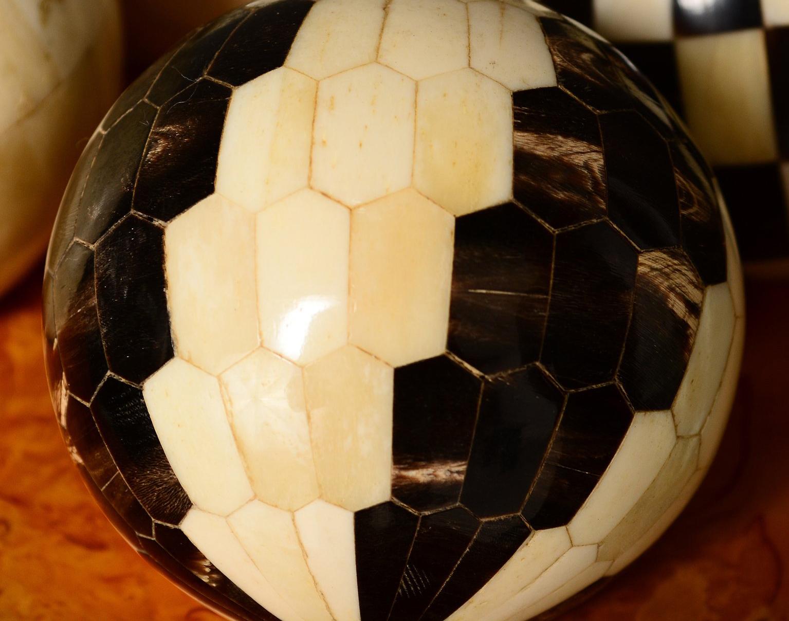 Late 20th Century Decorative Tessellated Spheres Set, Bone and Horn with Burl Wood Tray