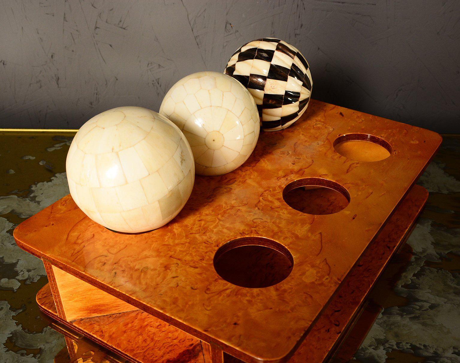 Decorative Tessellated Spheres Set, Bone and Horn with Burl Wood Tray 3