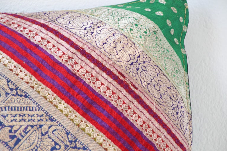 Decorative Throw Pillow Made from Vintage Sari Borders, India For Sale