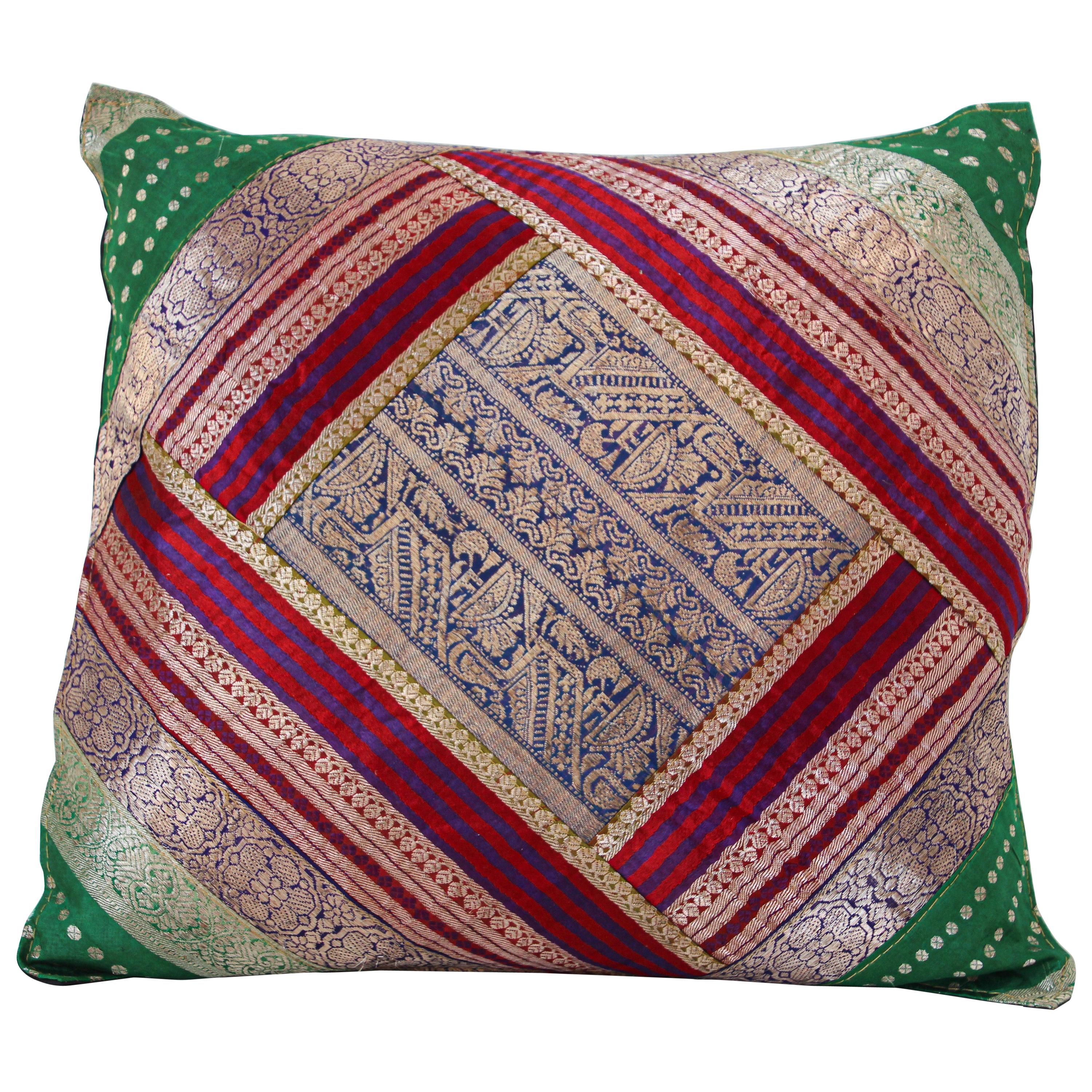 Decorative Throw Pillow Made from Vintage Sari Borders, India For Sale
