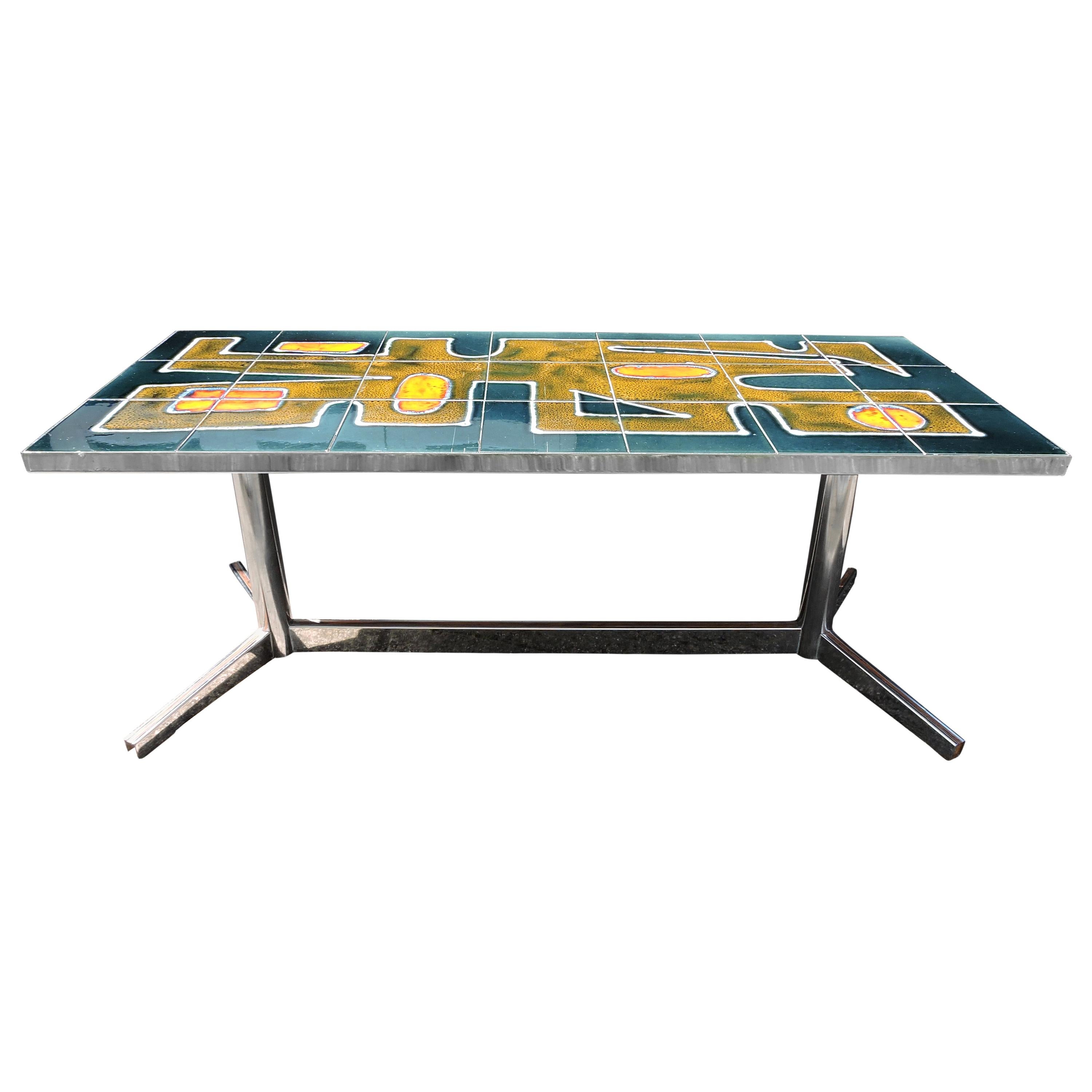 Decorative Tiled and Chrome Base Coffee Table, 1960s For Sale