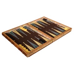 Antique Decorative Tooled Leather Book Form Folding Backgammon Set
