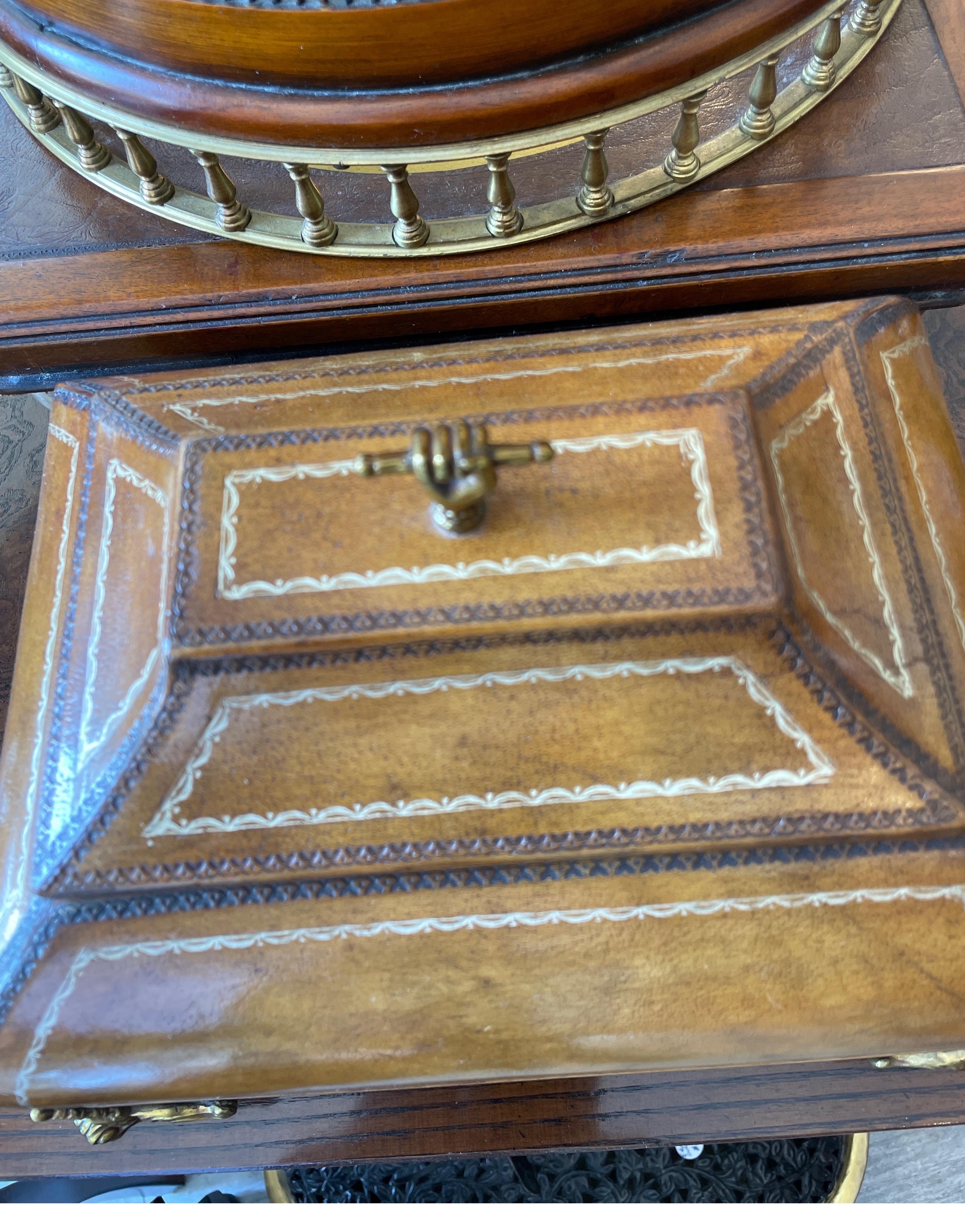 Decorative Tooled Leather & Brass Box In Good Condition In West Palm Beach, FL