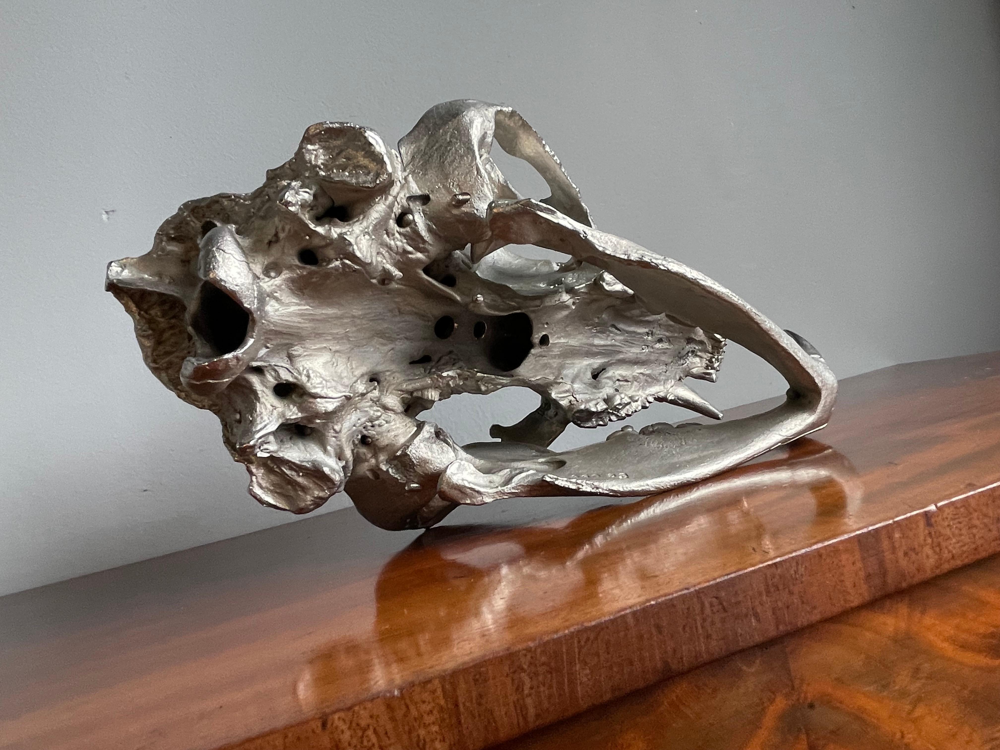 Contemporary Decorative & Top Quality Made, Matt Chrome Painted Bronze Bear Skull Sculpture For Sale