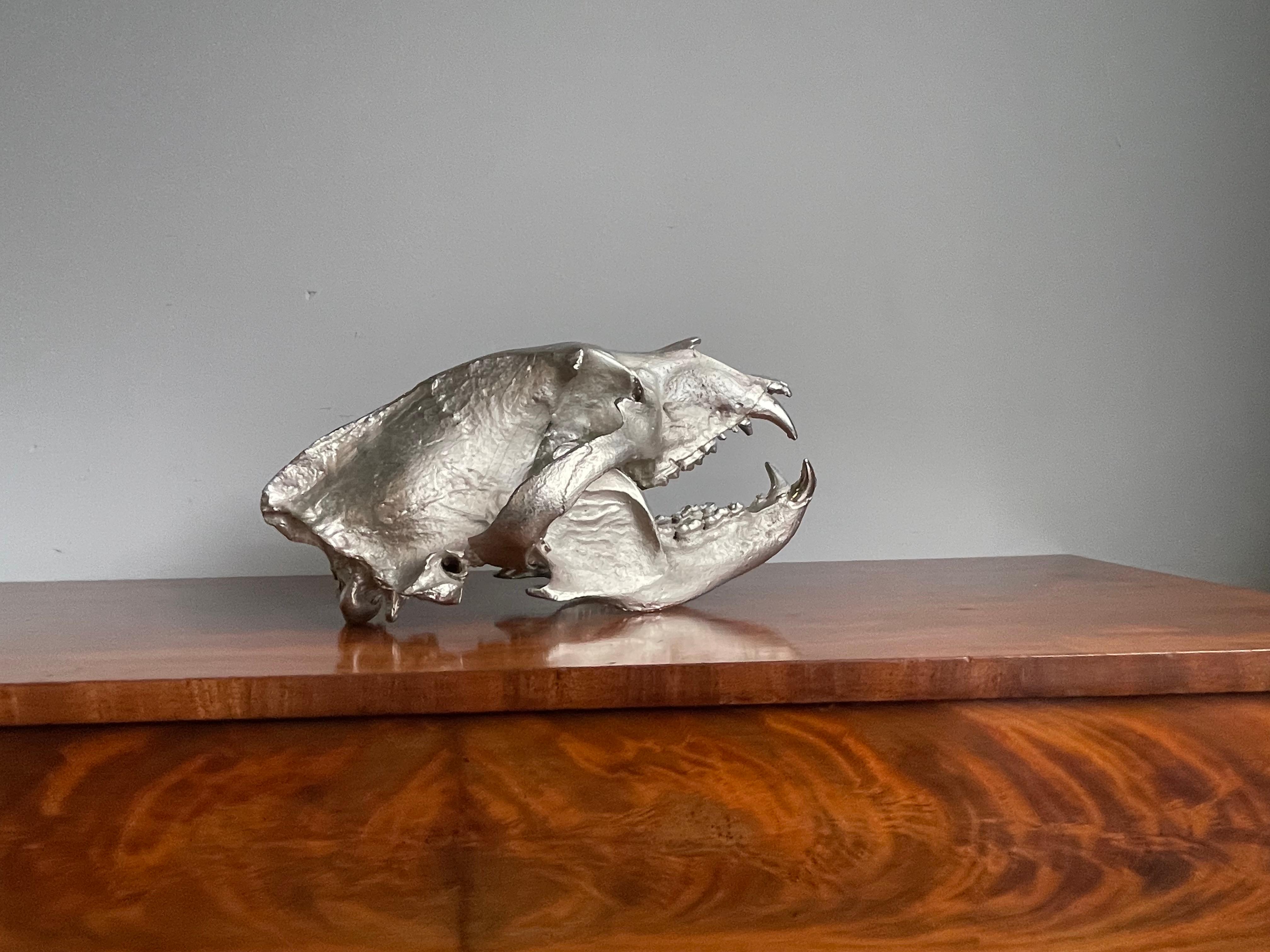 Escultura Calavera de Oso de Bronce Cromado Mate, Decorativa y de Alta Calidad 7